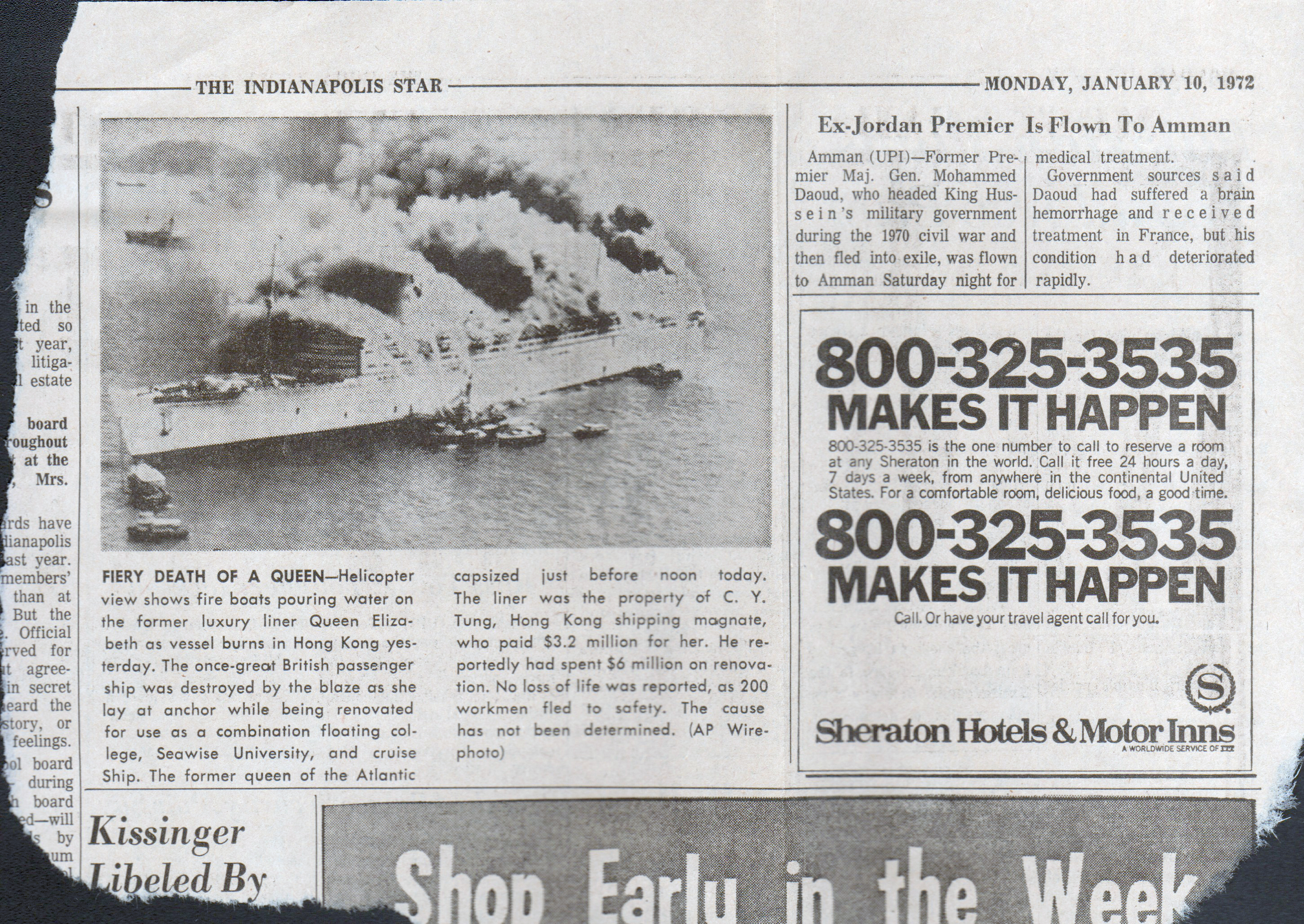newspaper clipping - Indy Star 1972 - Queen Elizabeth burns in Hong Kong