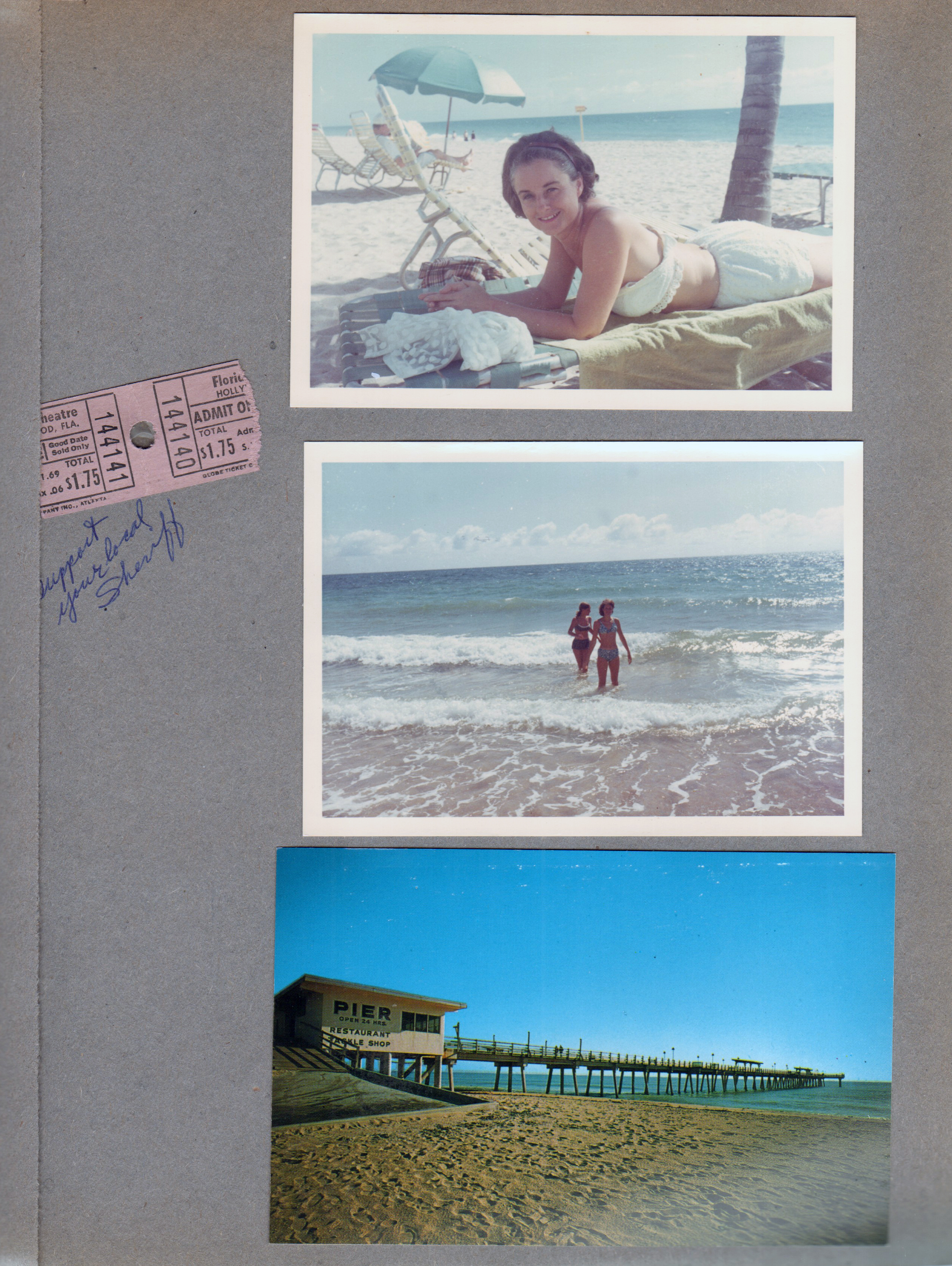 Hollywood Beach - Florida Theater tickets - Support Your Local Sheriff. Rosemary on beach. Susan in surf. postcard Fishing pier at Dania Beach MD-2 36974