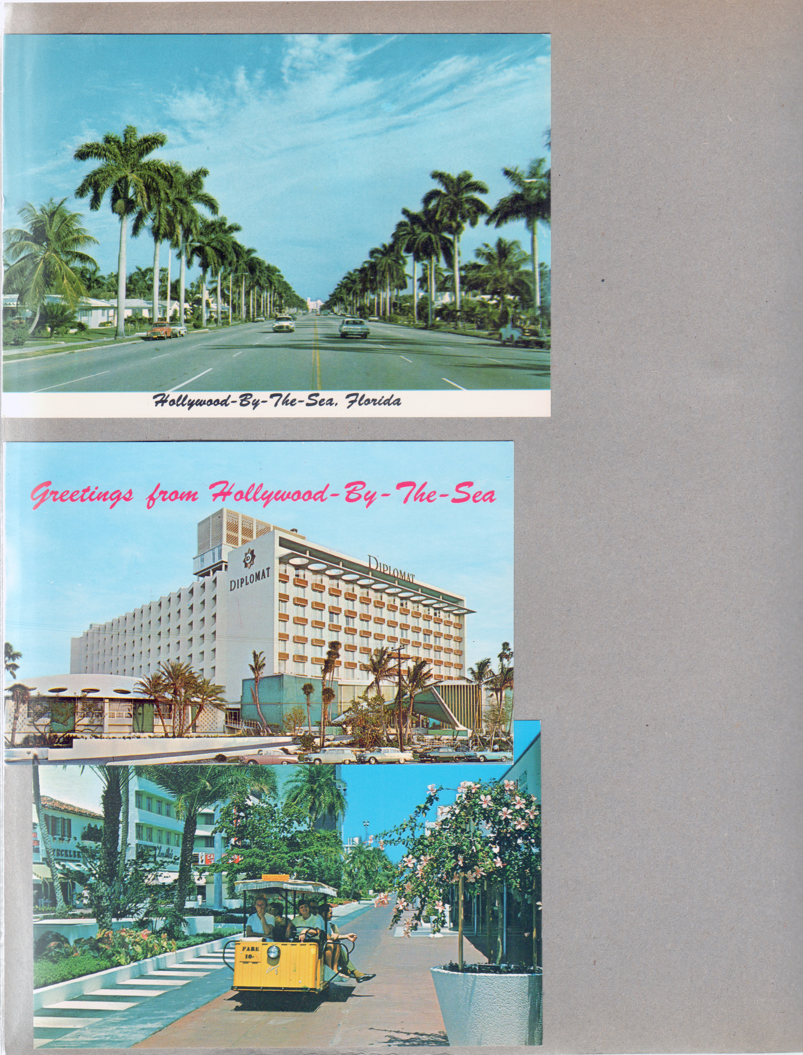 postcard Hollywood-by-the-Sea FL Hollywood Boulevard Con. 4752 96150. postcard  Greetings from Hollywood-by-the-Sea FL  Diplomat Hotel FNC-4211 43799. postcard Exotic Lincoln Mall, Miami Beach sightseeing tram  FNC 4442 57364.