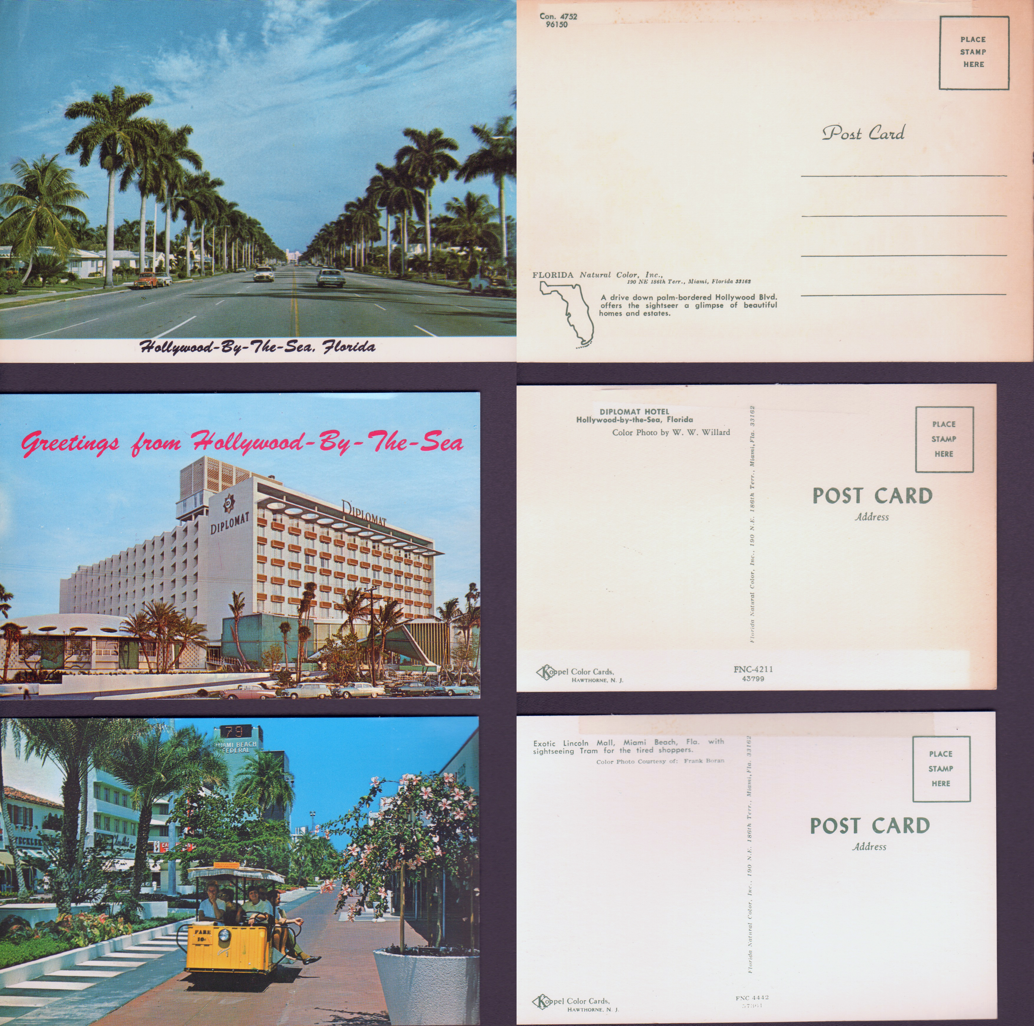 postcard Hollywood-by-the-Sea FL Hollywood Boulevard Con. 4752 96150. postcard  Greetings from Hollywood-by-the-Sea FL  Diplomat Hotel FNC-4211 43799. postcard Exotic Lincoln Mall, Miami Beach sightseeing tram  FNC 4442 57364 