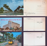 postcard Hollywood-by-the-Sea FL Hollywood Boulevard Con. 4752 96150. postcard  Greetings from Hollywood-by-the-Sea FL  Diplomat Hotel FNC-4211 43799. postcard Exotic Lincoln Mall, Miami Beach sightseeing tram  FNC 4442 57364 