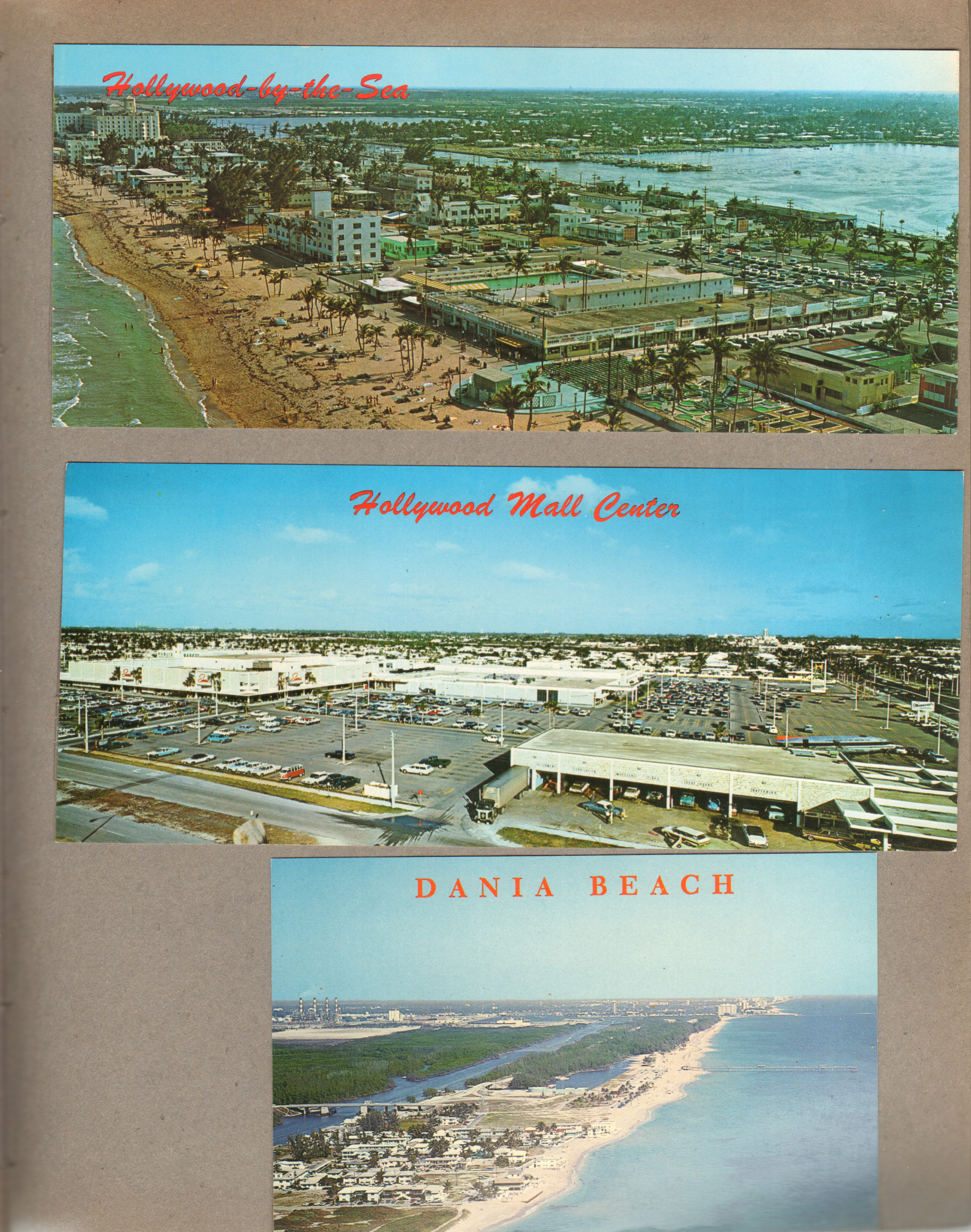 postcard Hollywood-by-the-Sea FL aerial Johnson Street PAN 4959 82864. postcard Hollywood Mall Center aerial PAN 5117 87645. postcard Dania Beach and fishing pier aerial DN-1 36993