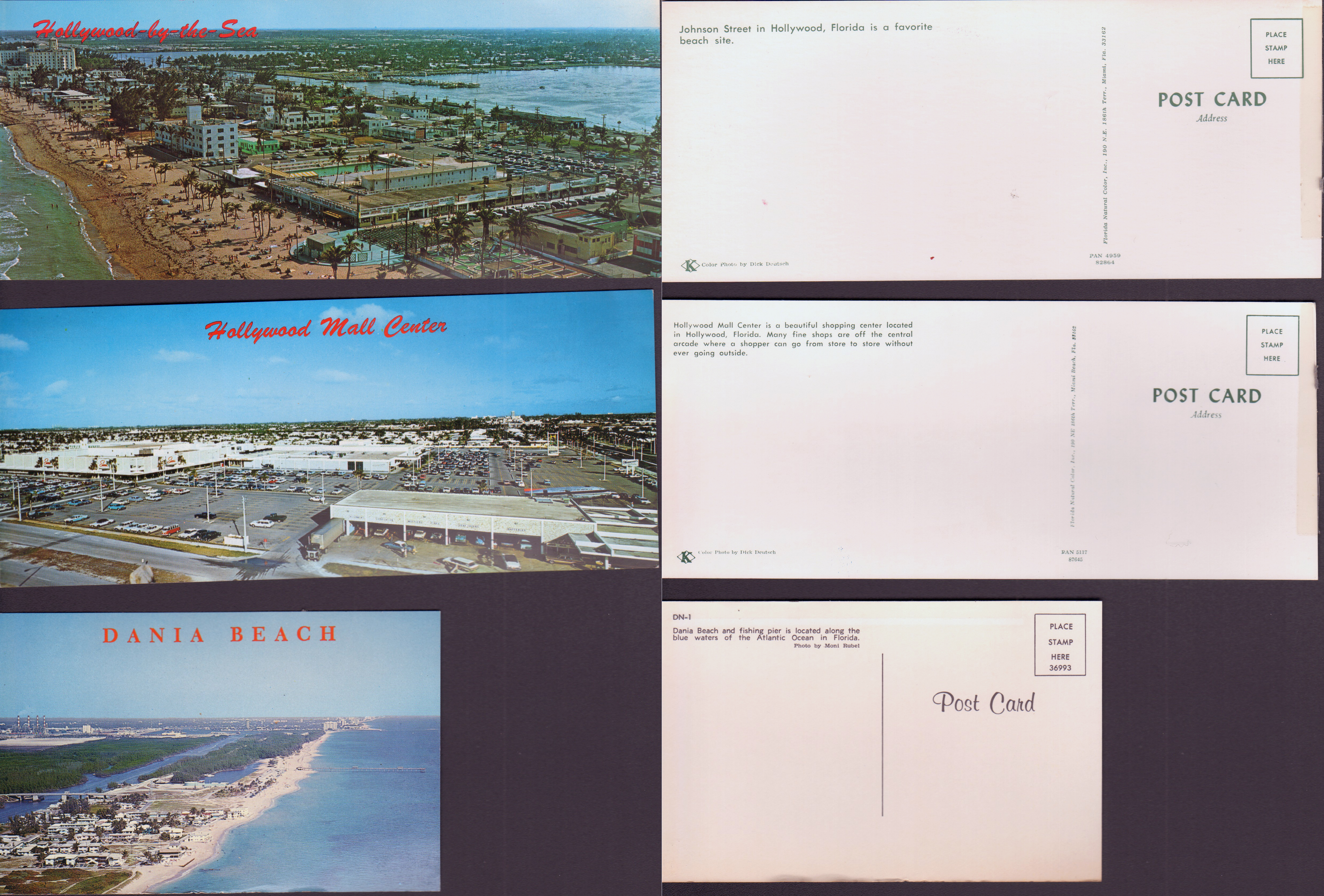 postcard Hollywood-by-the-Sea FL aerial Johnson Street PAN 4959 82864. postcard Hollywood Mall Center aerial PAN 5117 87645. postcard Dania Beach and fishing pier aerial DN-1 36993