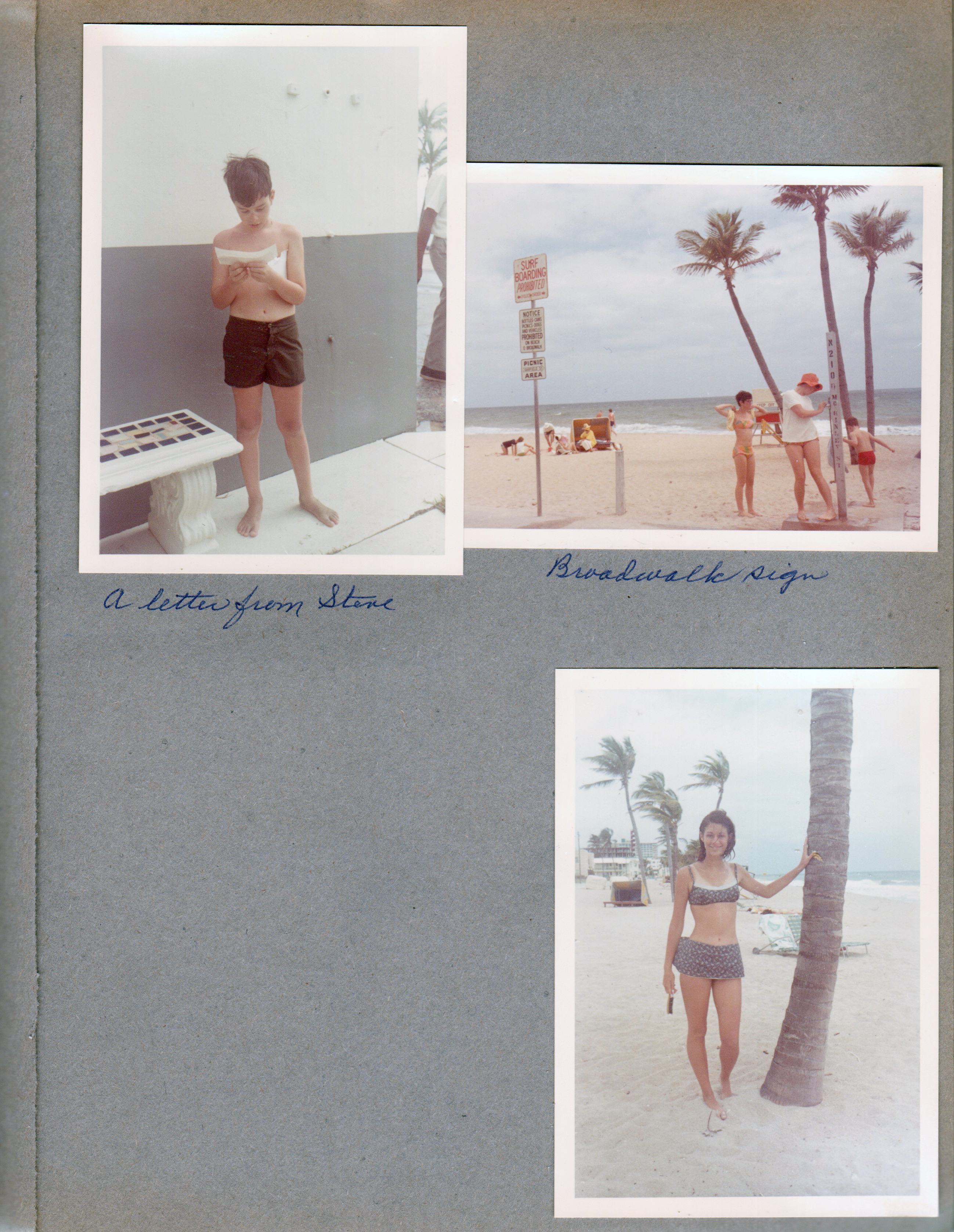 Hollywood Beach - Alan reading a letter from Steve Chaillard. Broadwalk sign and shower. Susan by palm tree