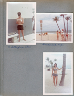 Hollywood Beach - Alan reading a letter from Steve Chaillard. Broadwalk sign and shower. Susan by palm tree