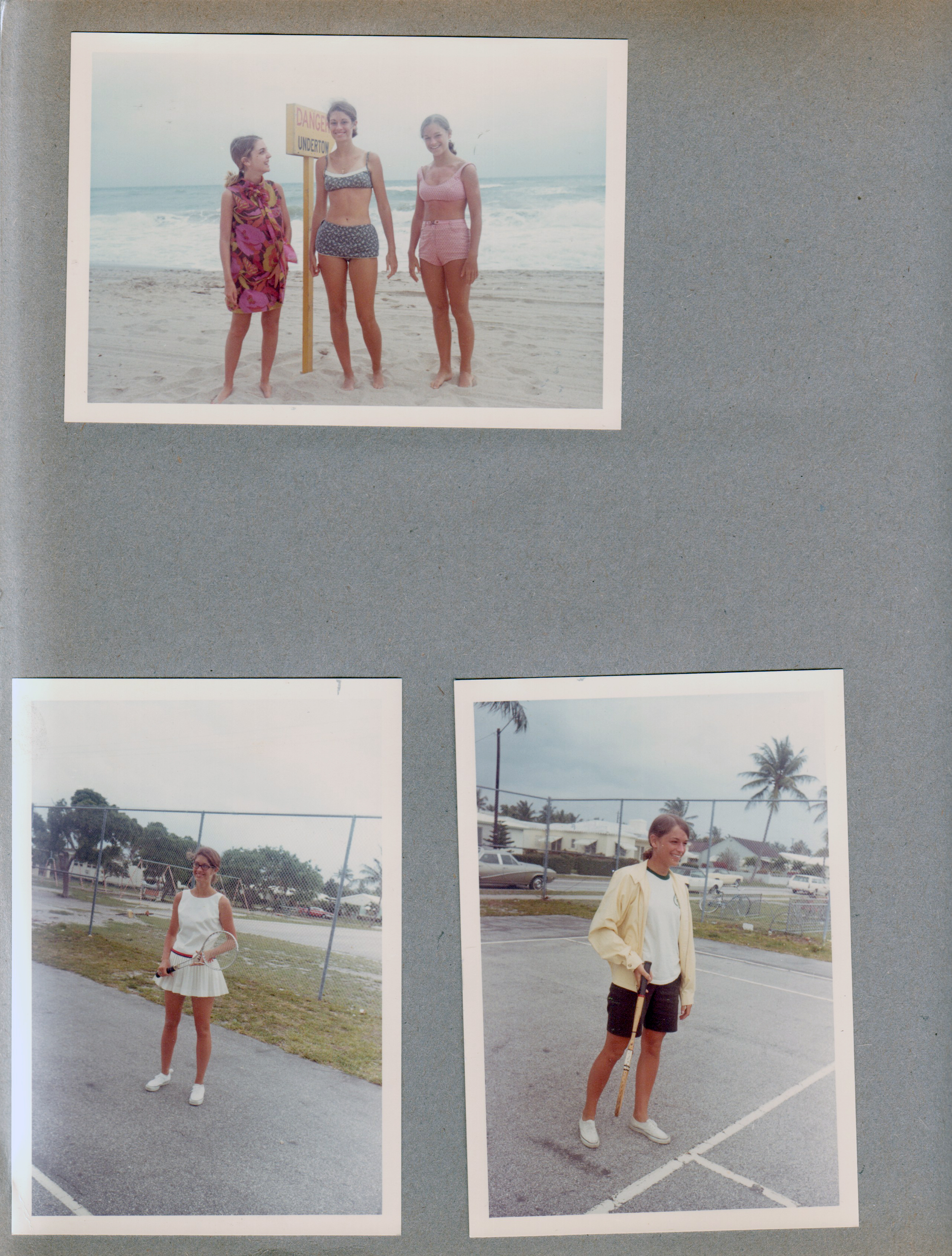 Hollywood Beach - Susans on the beach by Danger Undertow sign. Susan and Susie Tuck playing tennis.