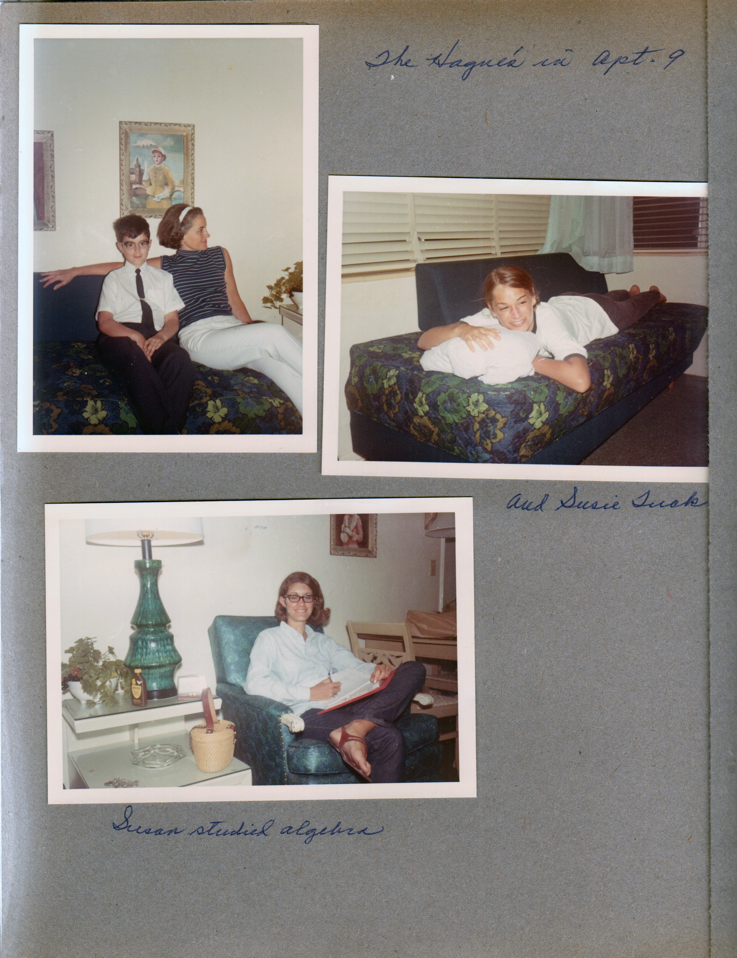 Hollywood Beach - Neptune - The Hague's in apt 9. Alan and Rosemary on sofa. Tuck on sofa. Susan studied Algebra.
