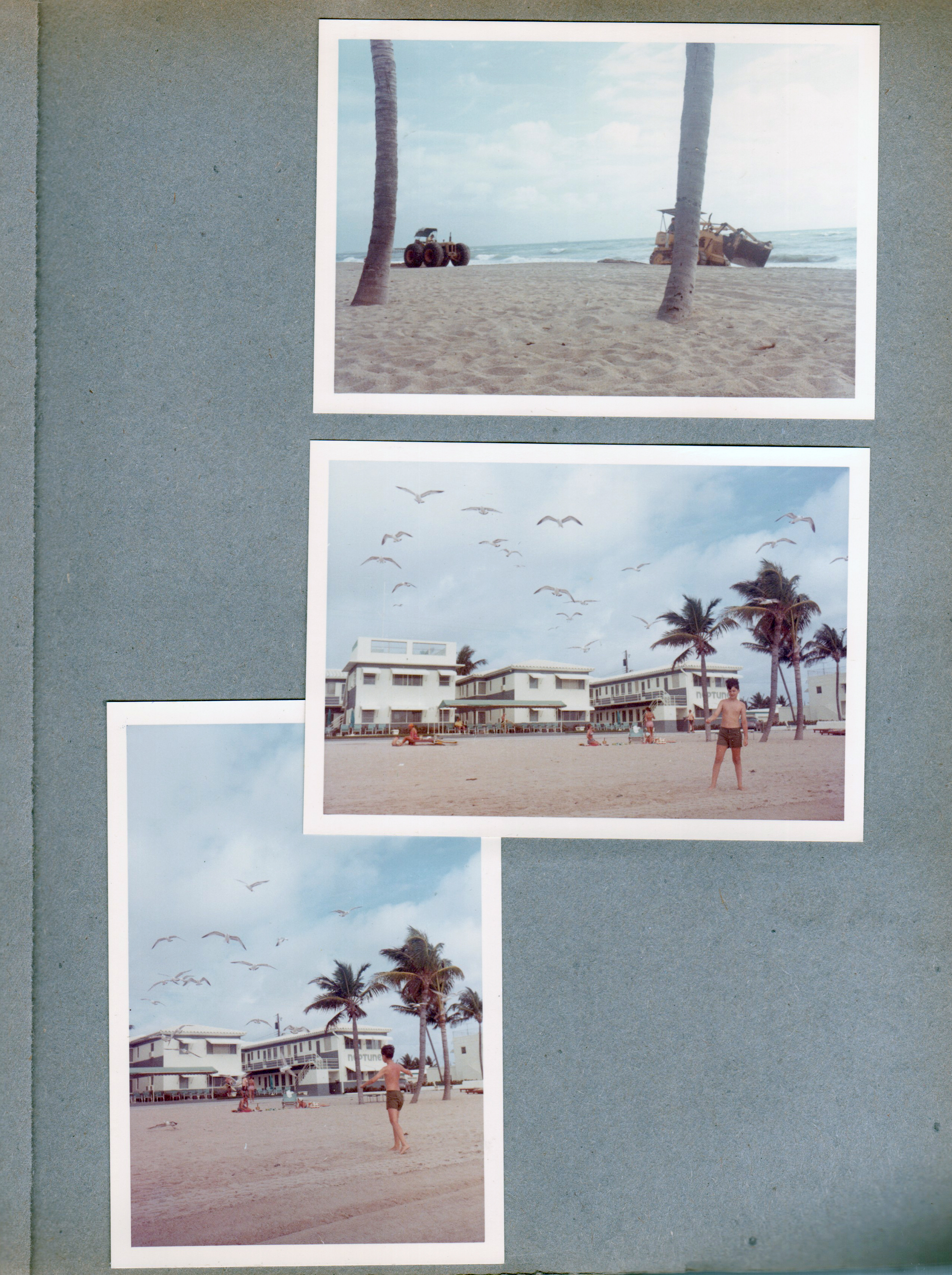 Hollywood Beach - machinery cleaning beach. Alan on beach in front of Neptune with seagulls