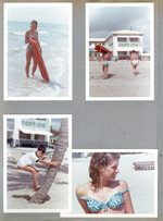 Hollywood Beach - Susan with raft in water, Alan climbing palm tree.