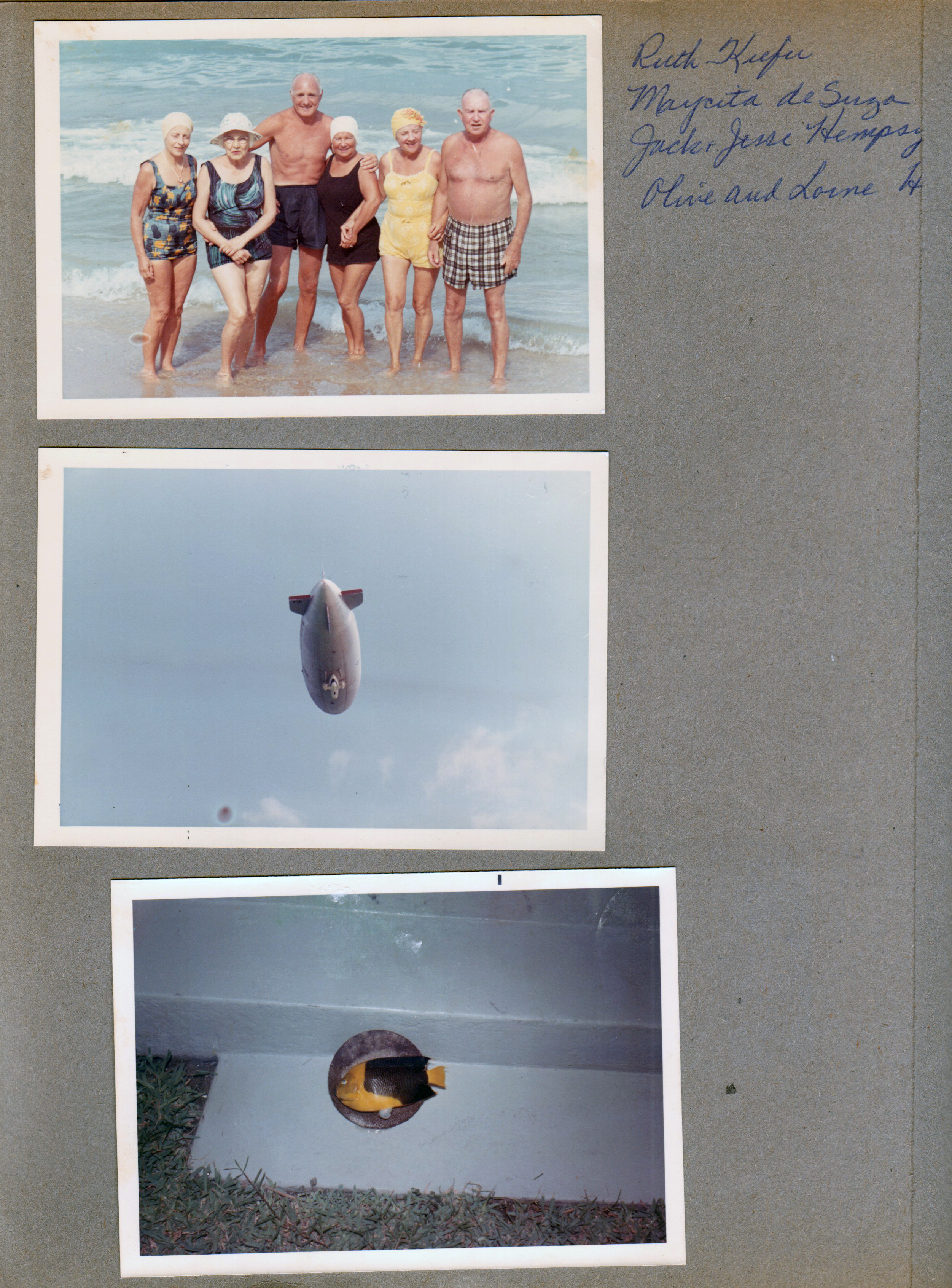 Hollywood Beach - in ocean - Ruth Keifer, Maycita deSouza, Jack and Jesse Hempsy, Olive and Lorne Hicks. Goodyear blimp. Colorful fish at Neptune.