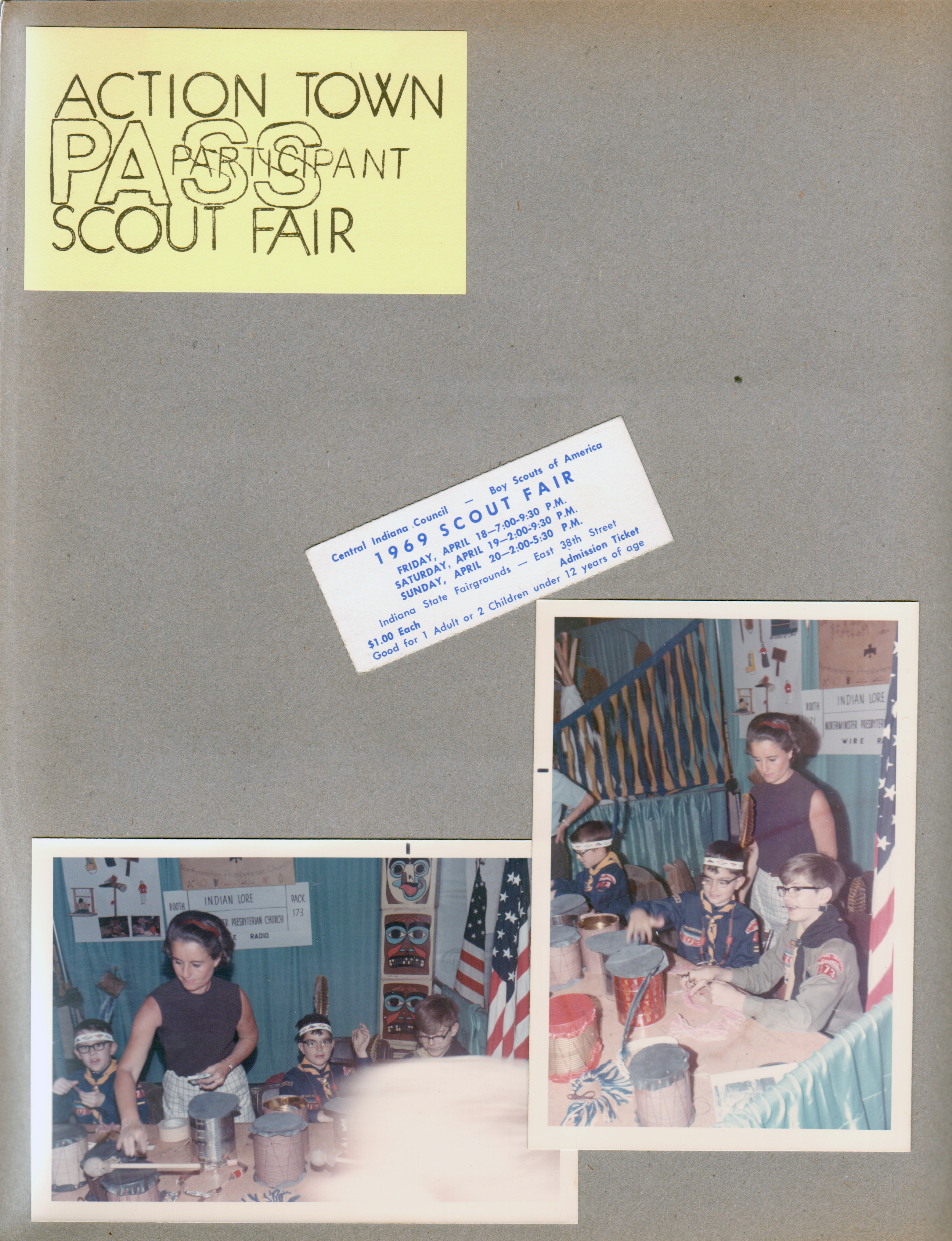 1969 Scout Fair - Indiana State Fairgrounds - ticket. Pass. Bruce Springer, Rosemary, Alan - Troop 173 Cub Scouts.