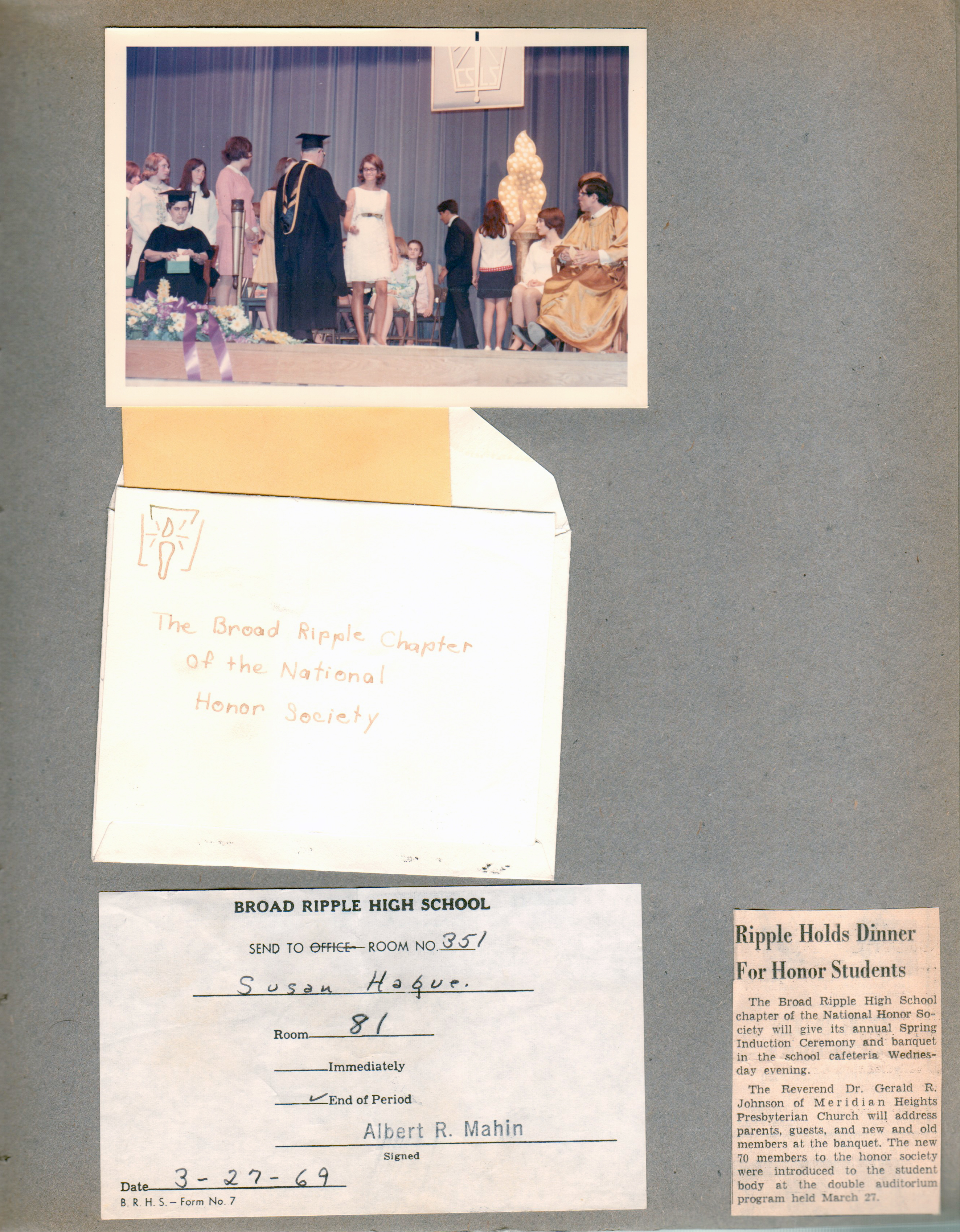 BRHS National Honor Society - Susan Hague at ceremony. BRHS pass for Susan from Mr Mahin. newspaper clipping -  BRHS dinner