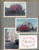 house (on College?) with flower tree. North Church with colorful bush. North United Methodist Church entrance. Thank You note.