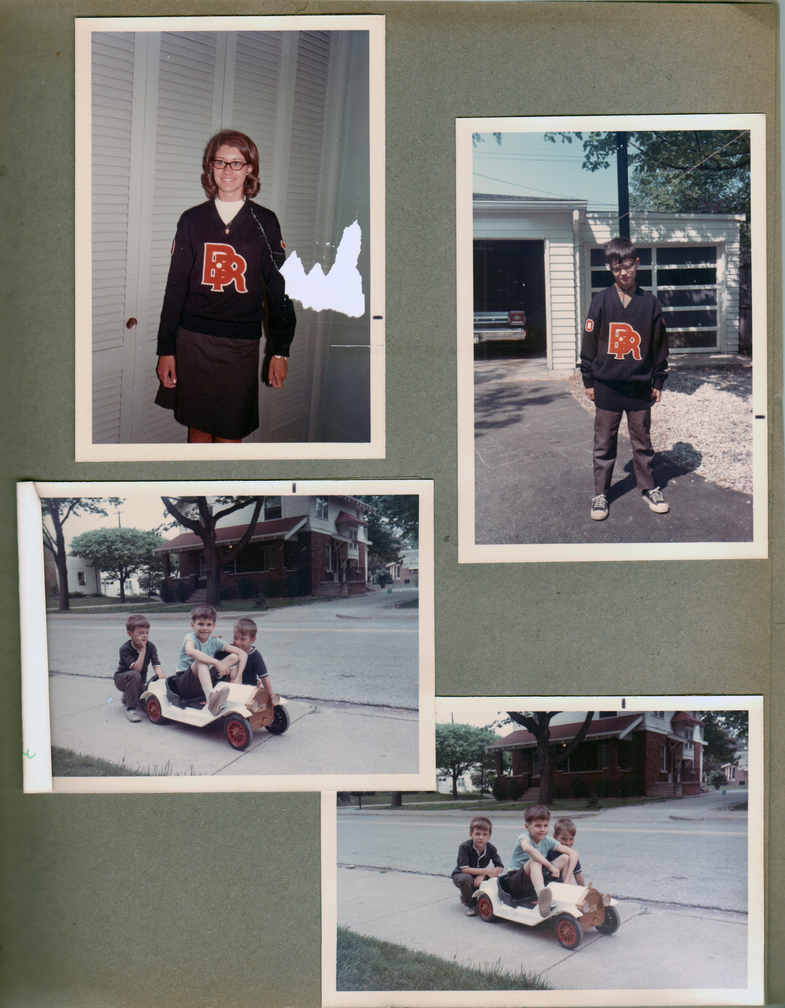 6122 piano room - Susan in letter sweater. Alan in letter sweater in driveway.  Alan Bouwkamp in electric car with Joe and John Panyard.