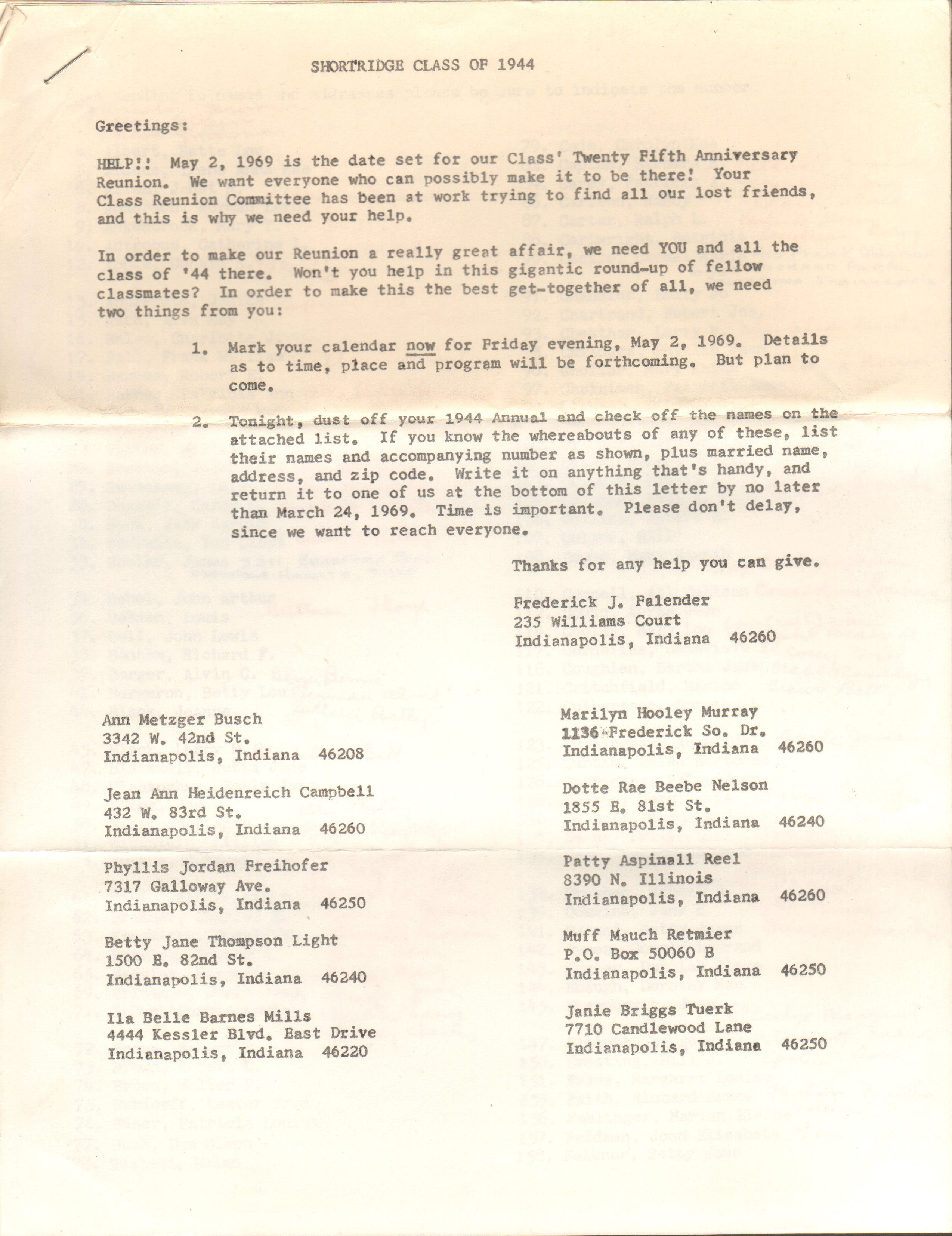 Shortridge HS  Class of 1944 reunion addresses