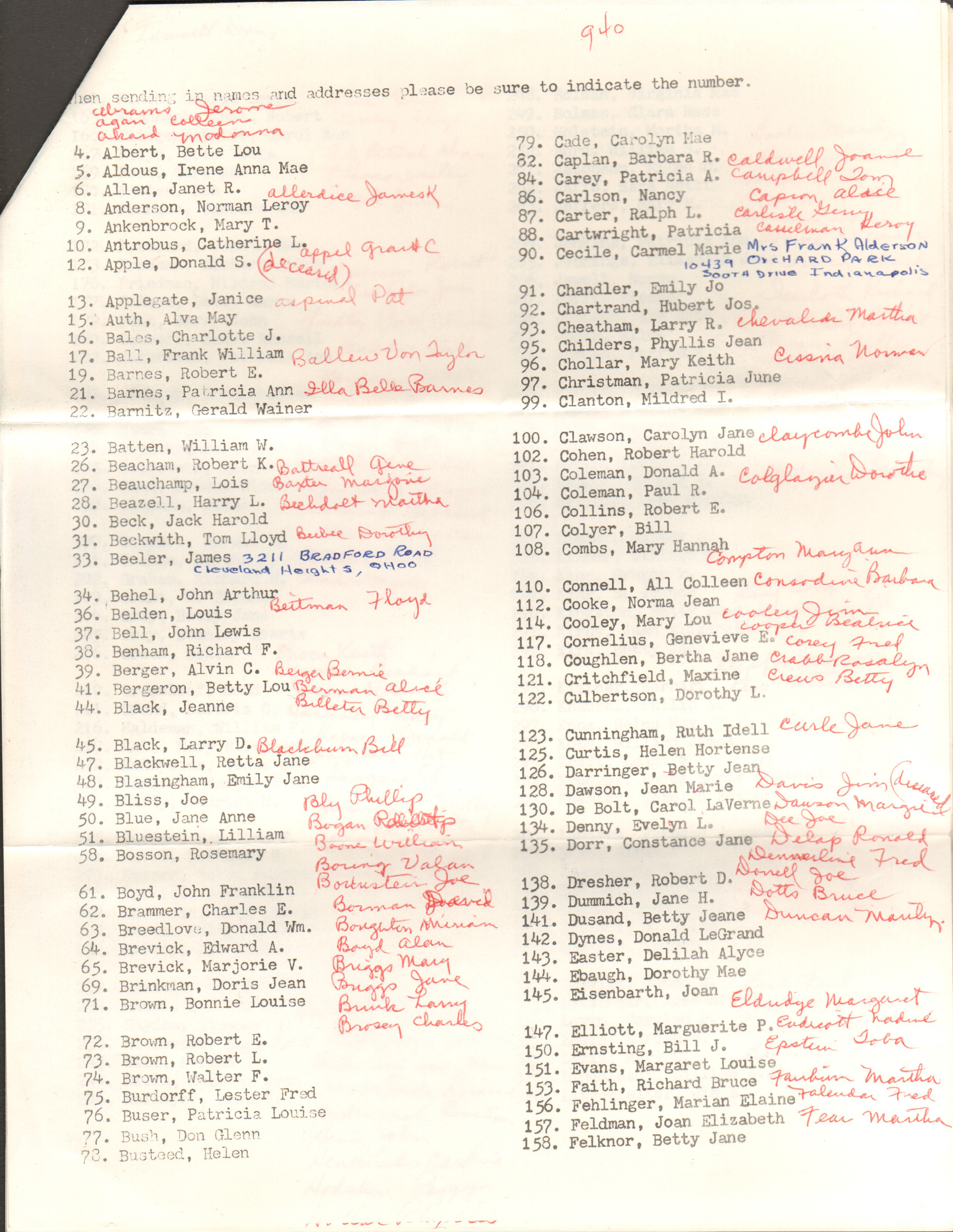 Shortridge HS  Class of 1944 reunion addresses