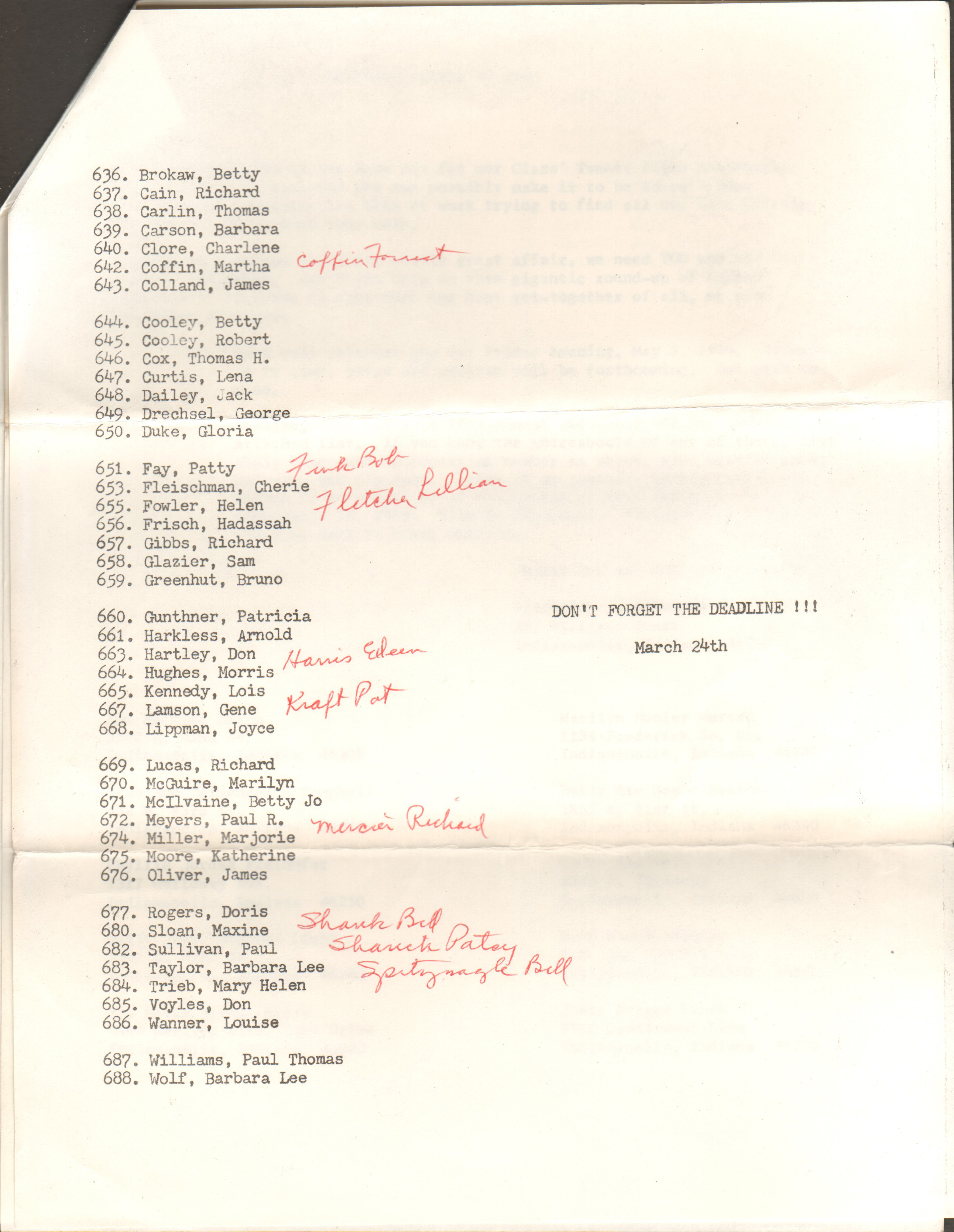 Shortridge HS  Class of 1944 reunion addresses
