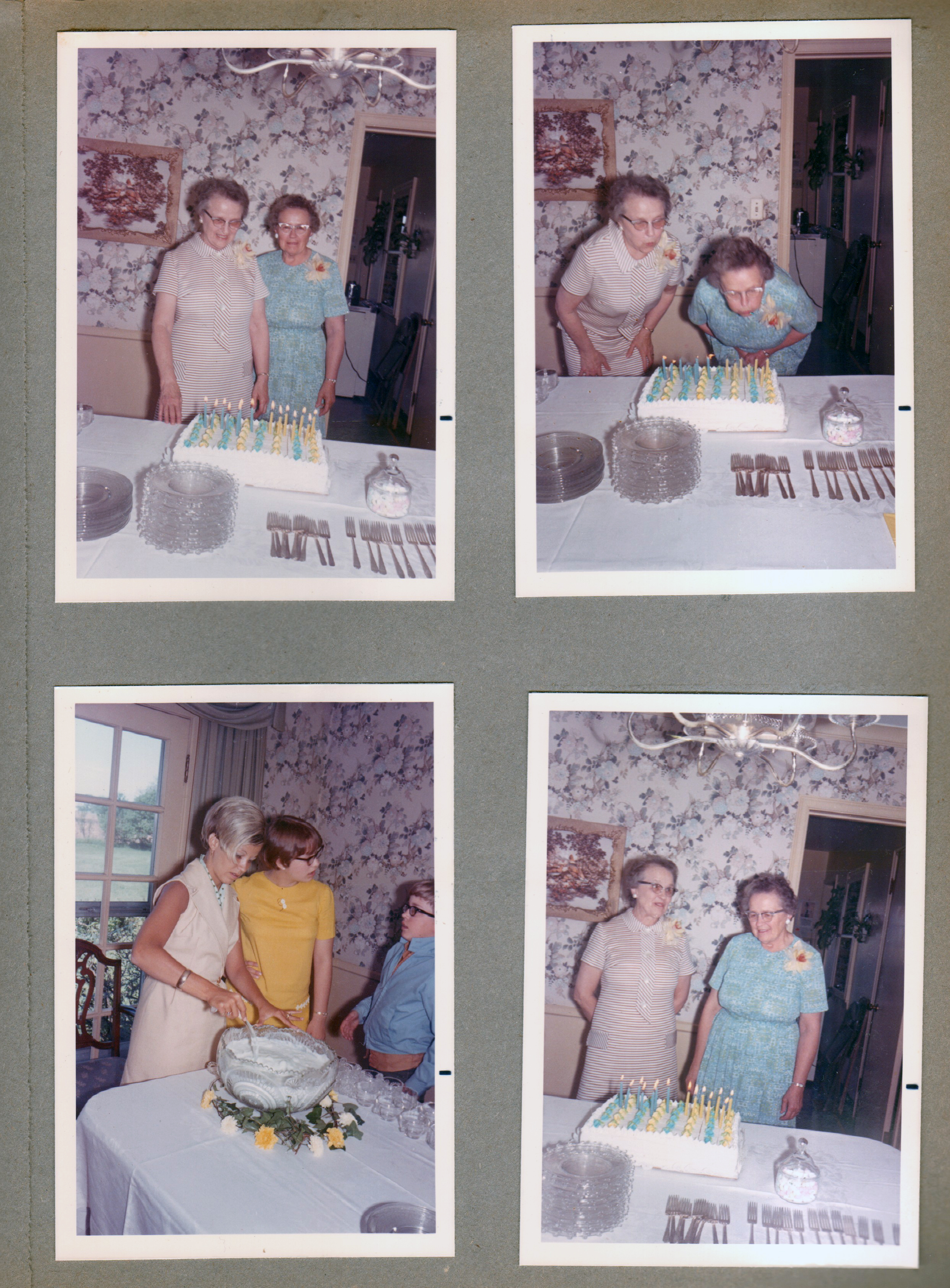 Edna's house? - Edith and Edna with birthday cake (twins). Lynn, Jo Ellen, and Mark Messersmith.