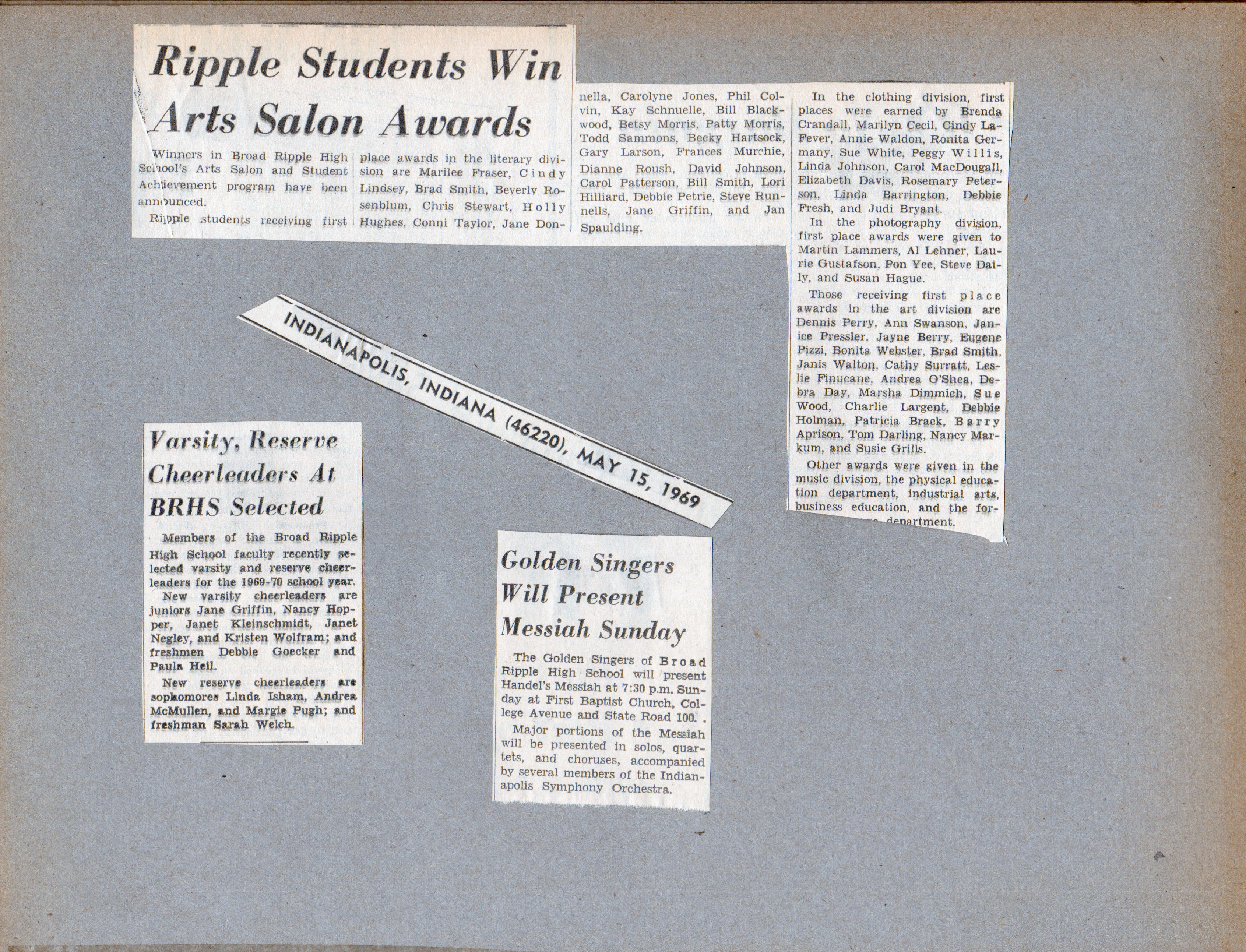 newspaper clipping - Ripple students win Arts Salon - Susan. BRHS cheerleaders selected. Golden Singers present Messiah