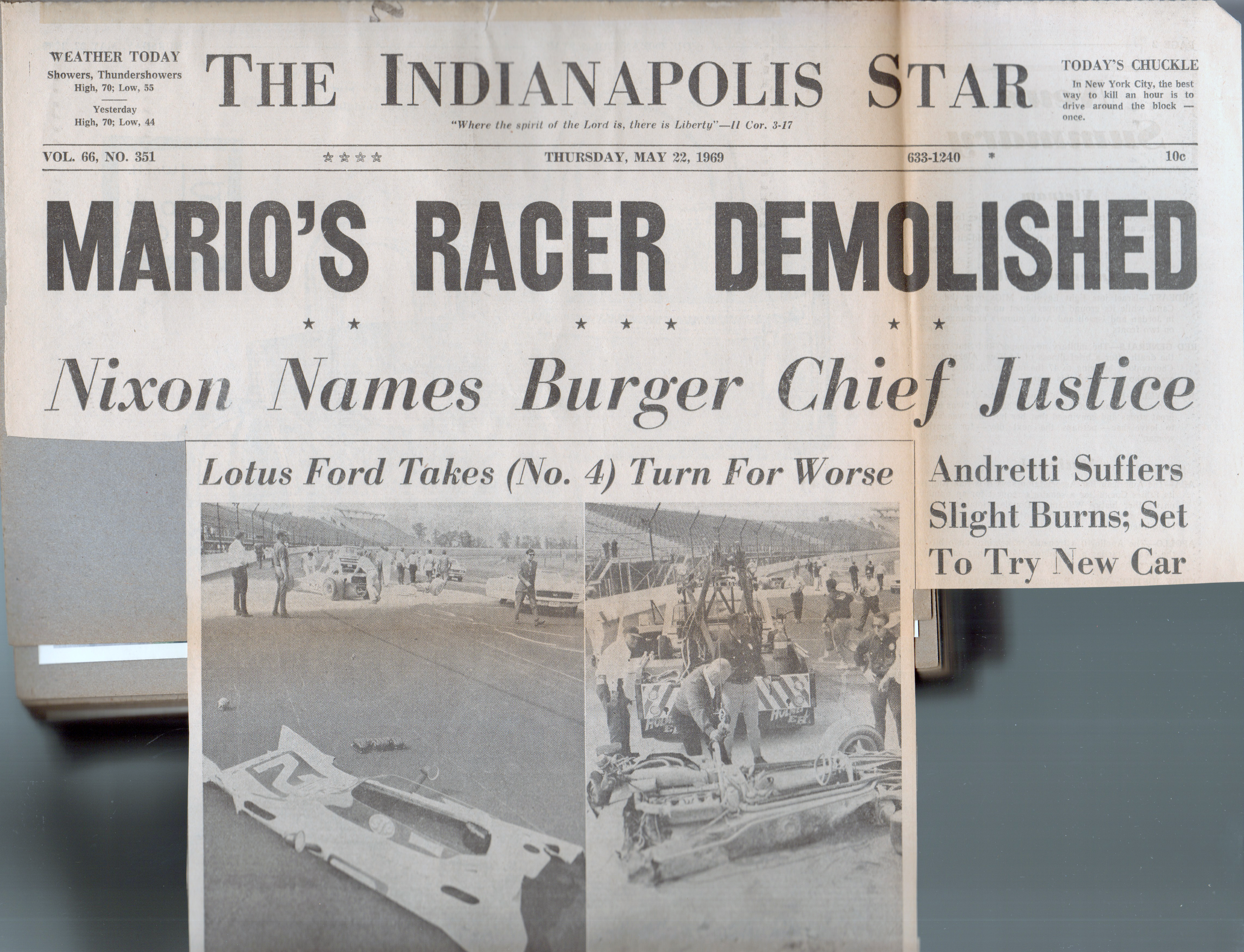newspaper clipping - Mario's racer demolished