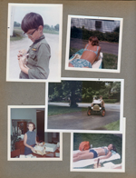 8815 Haverstick - Alan with kitten by barn. 6122 Susan sunbathing. Alan driving little car. Dining room - Rosemary with purse.