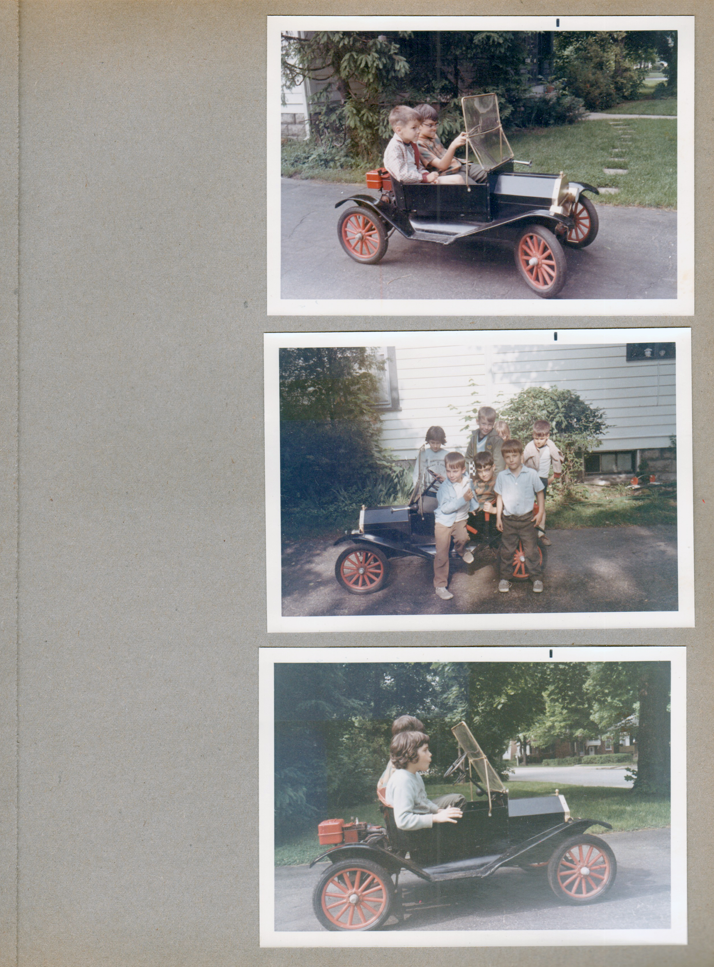 6122 driveway - Alan driving little car - Alan Bouwkamp, Mary Lobraico, Joe Panyard. Joe Lobraico, Alison Arcuri?, John Panyard, Alan Bouwkamp.