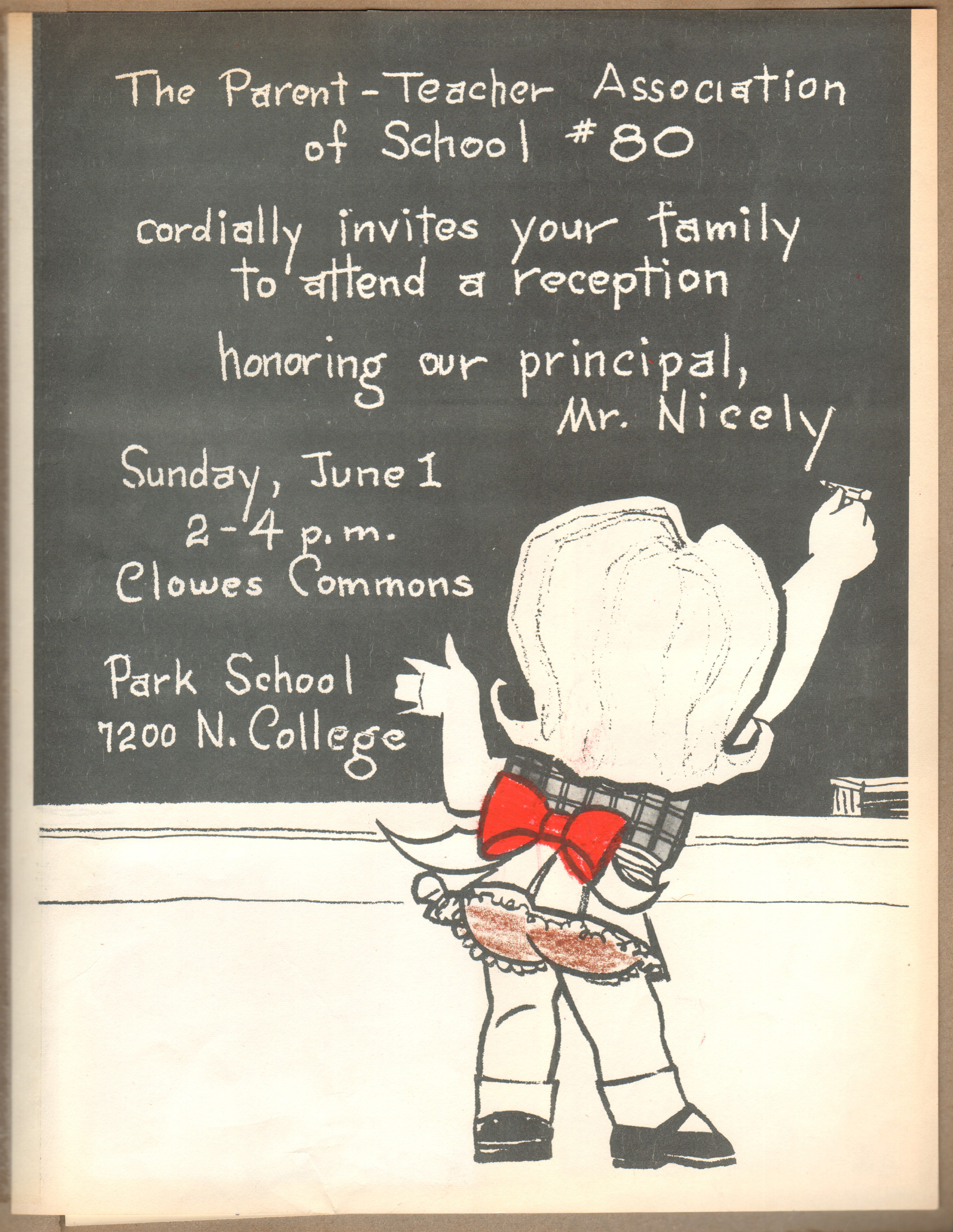 School 80 PTA reception for Mr Nicely at Clowes Common Park School invitation