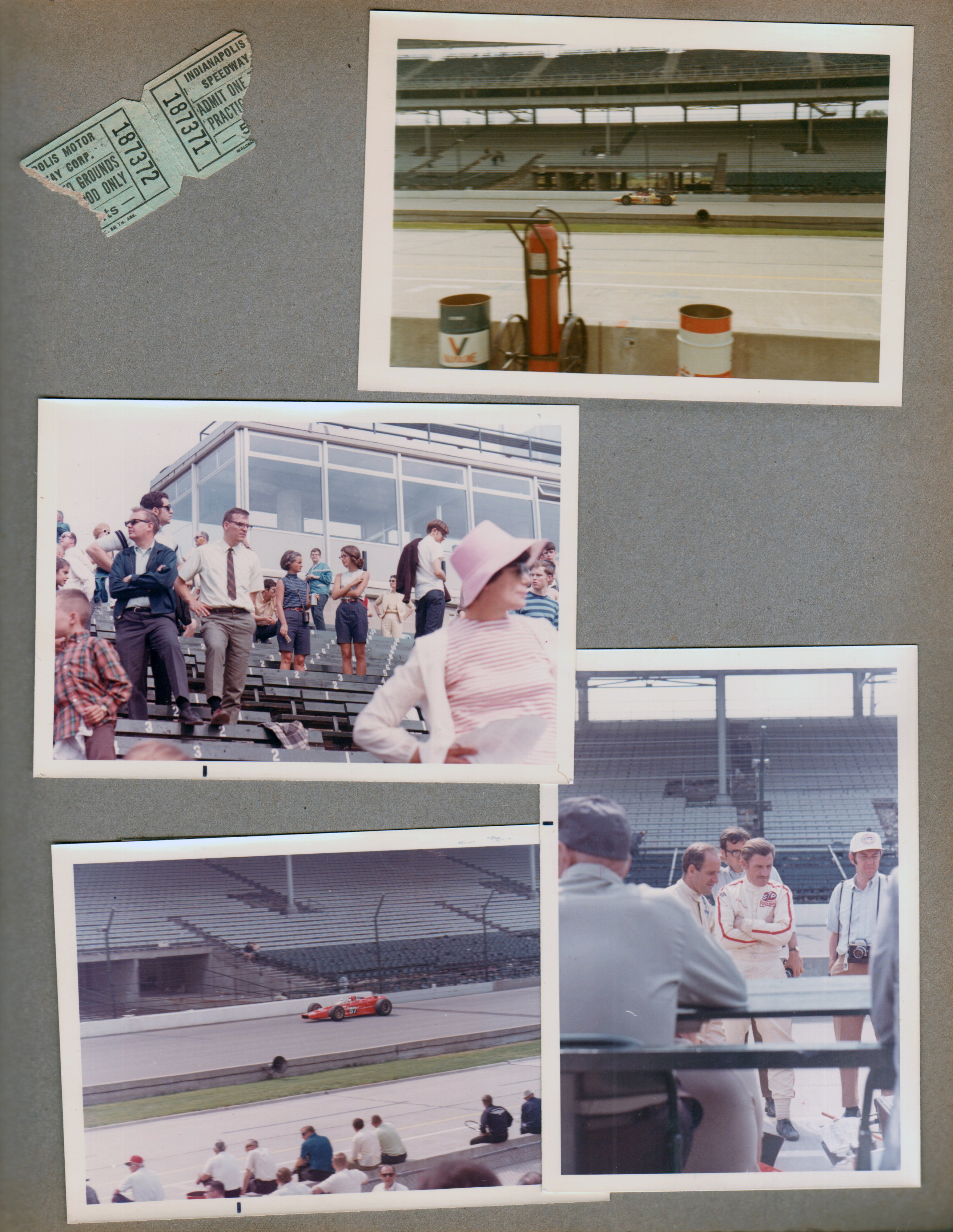Indy 500 time trials ticket. Rosemary and Susan in stands. Race car driver