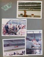 Indy 500 time trials ticket. Rosemary and Susan in stands. Race car driver