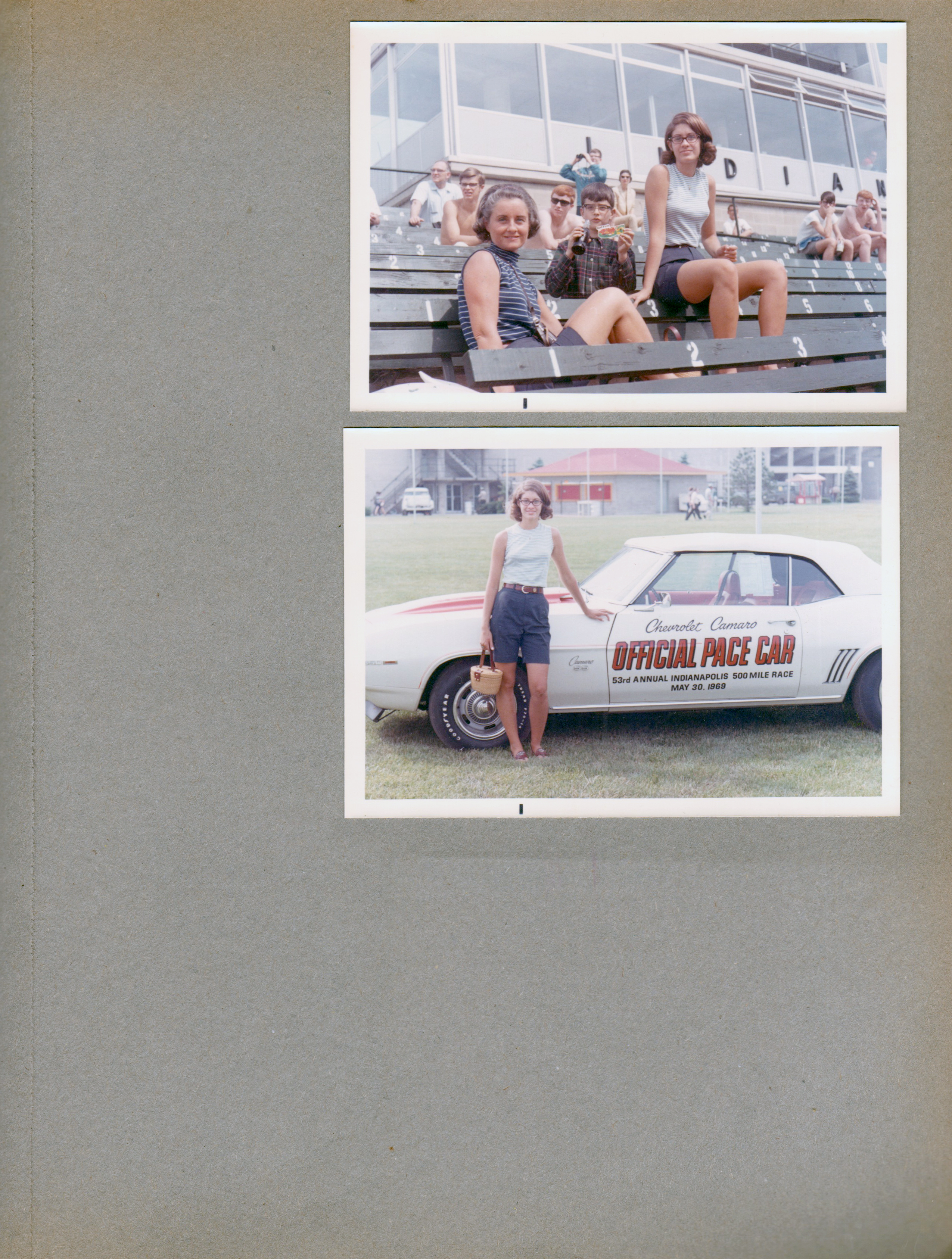 Indy 500 time trials - Rosemary Alan Susan in stands. Susan by Camaro pace car