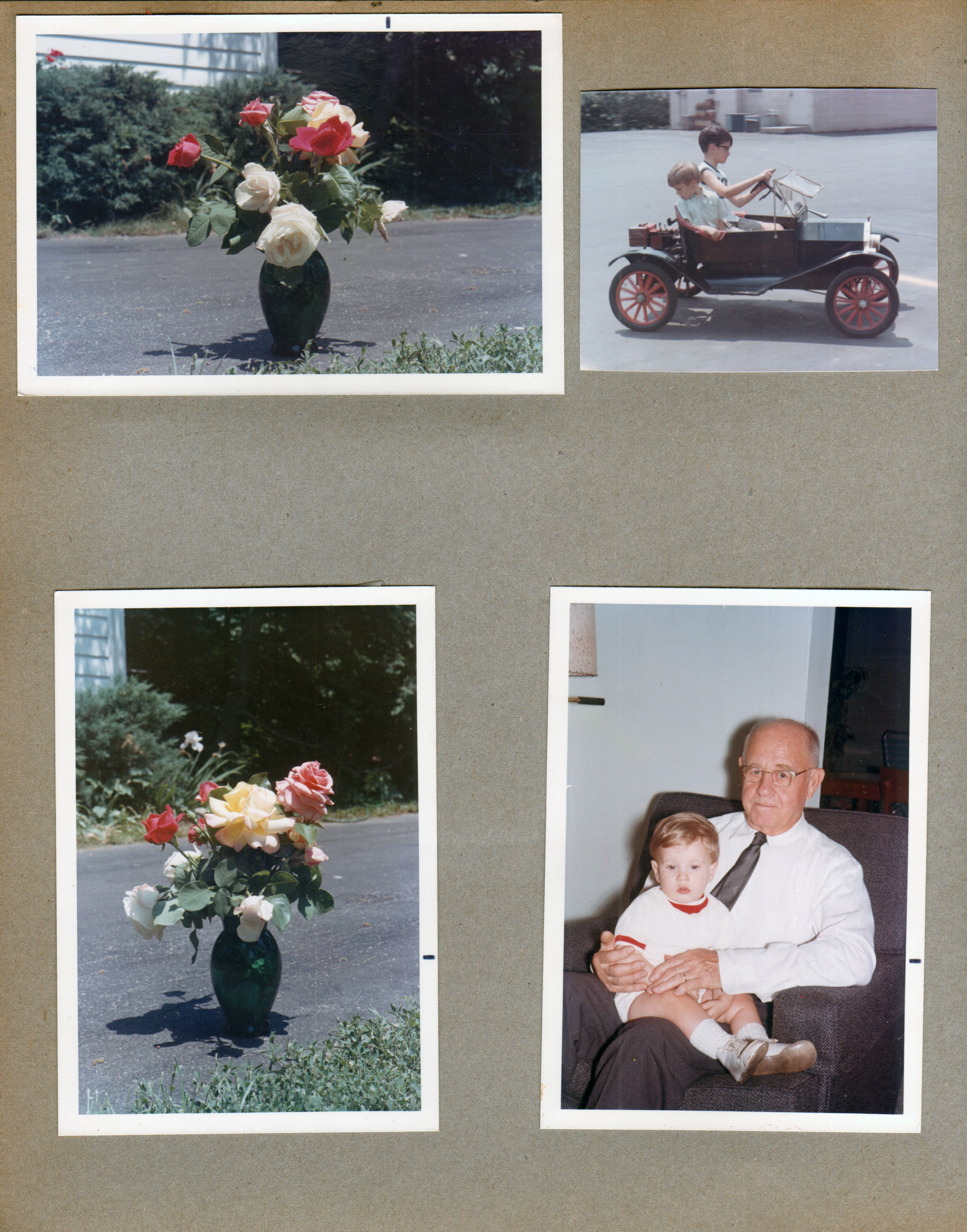 6122 driveway - flowers in vase. Alan driving little car in parking lot behind house. Living room Bill and Curt