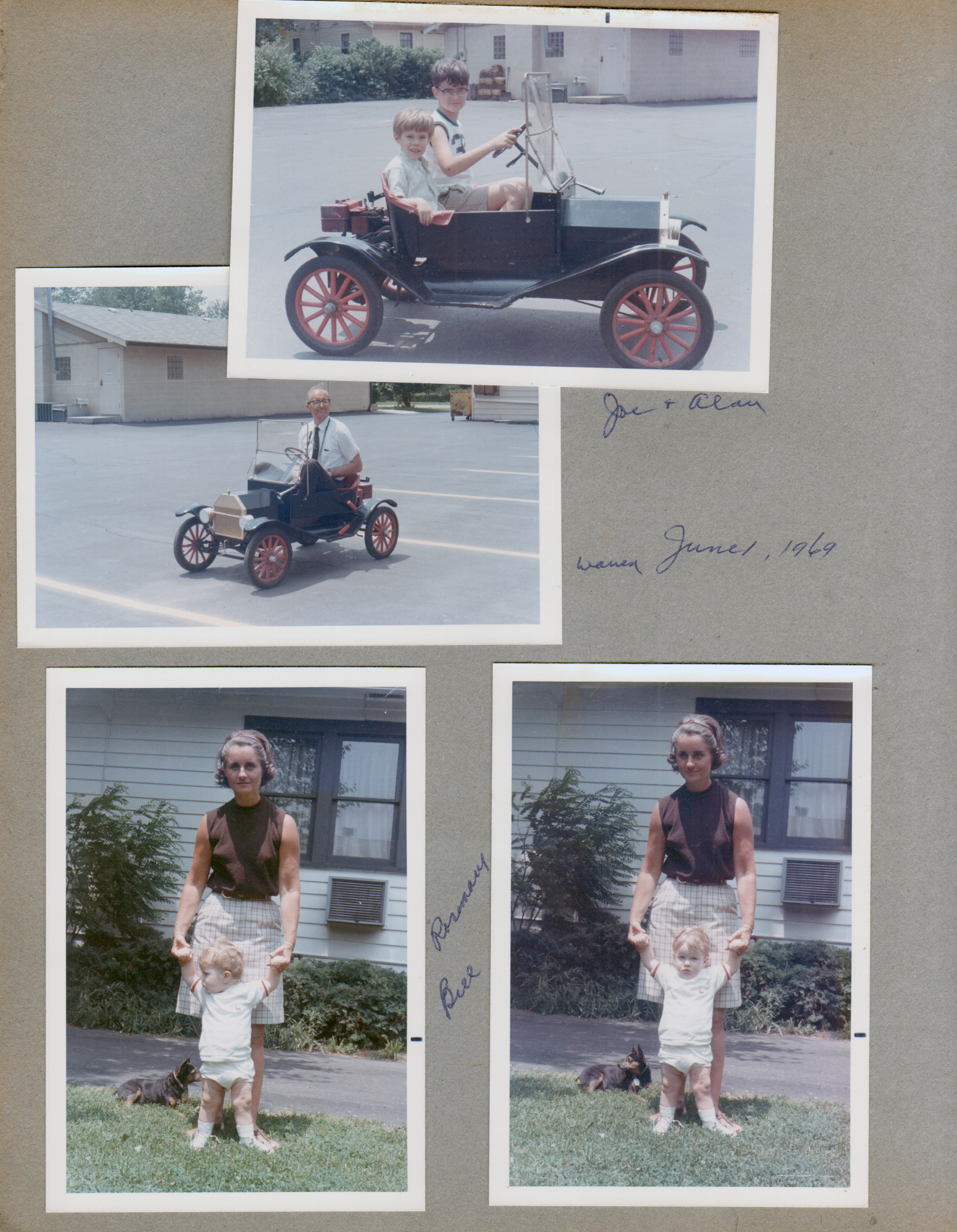 Alan driving little car in parking lot behind house on College across 61st, with Joe Letsinger. Warren driving. 6122 Yard - Rosemary with Bill and Princess.