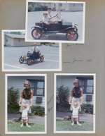 Alan driving little car in parking lot behind house on College across 61st, with Joe Letsinger. Warren driving. 6122 Yard - Rosemary with Bill and Princess.
