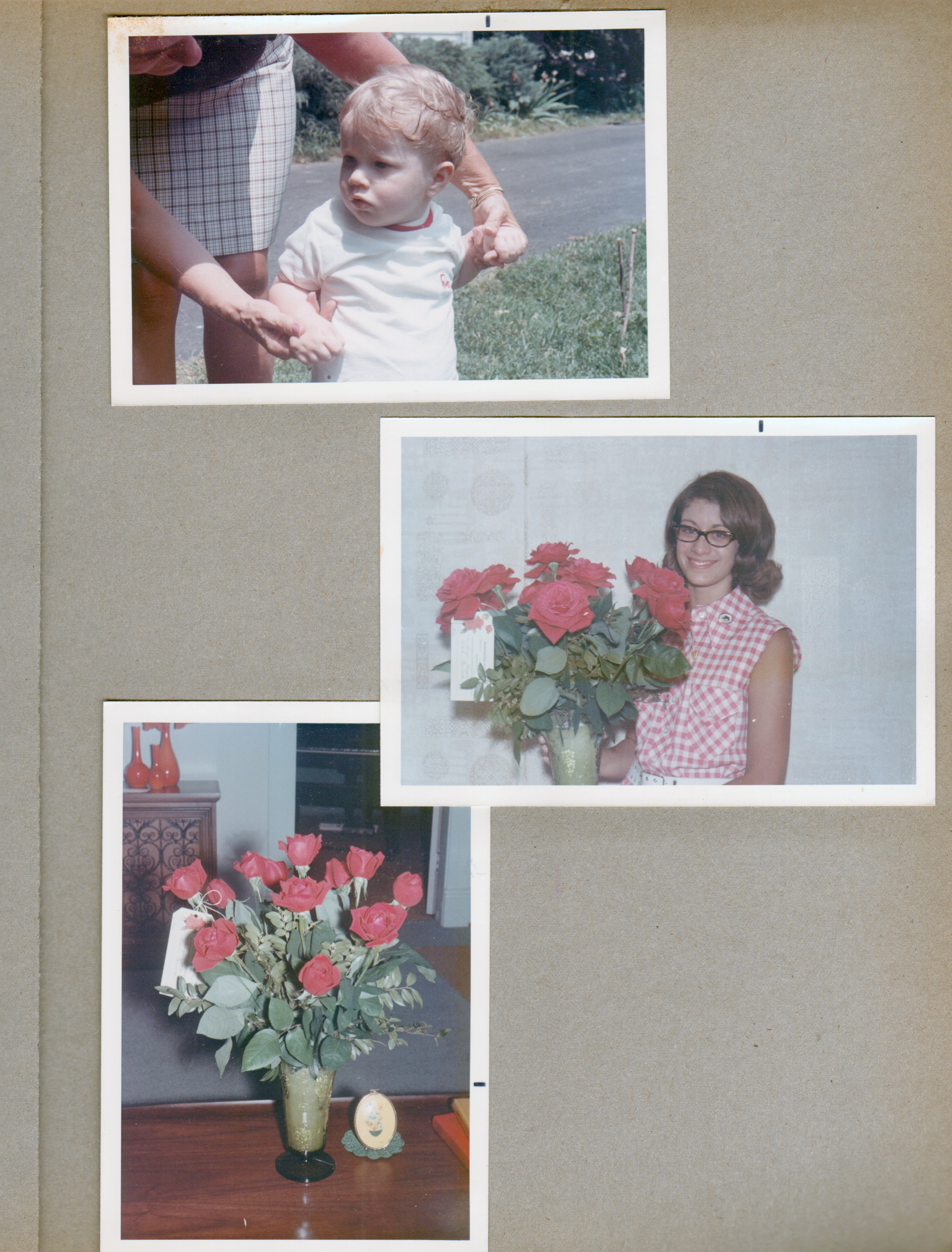6122 Yard - Rosemary with Bill. Susan in kitchen with roses.  Roses on coffee table.