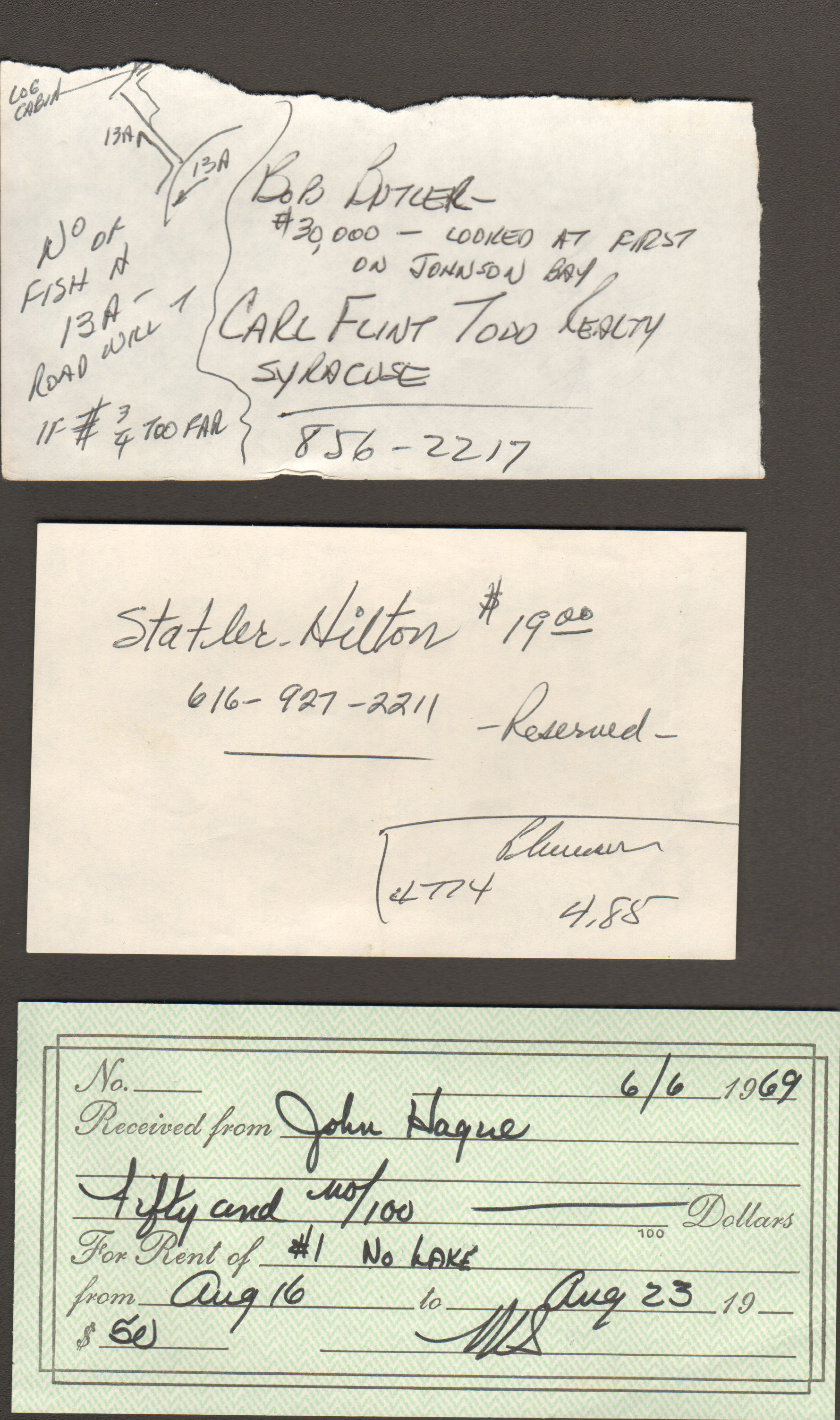 loose items - Wawasee house hunting notes. Statler Hilton reservation $19. Receipt for $50 #1 no lake.