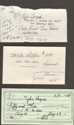 loose items - Wawasee house hunting notes. Statler Hilton reservation $19. Receipt for $50 #1 no lake.