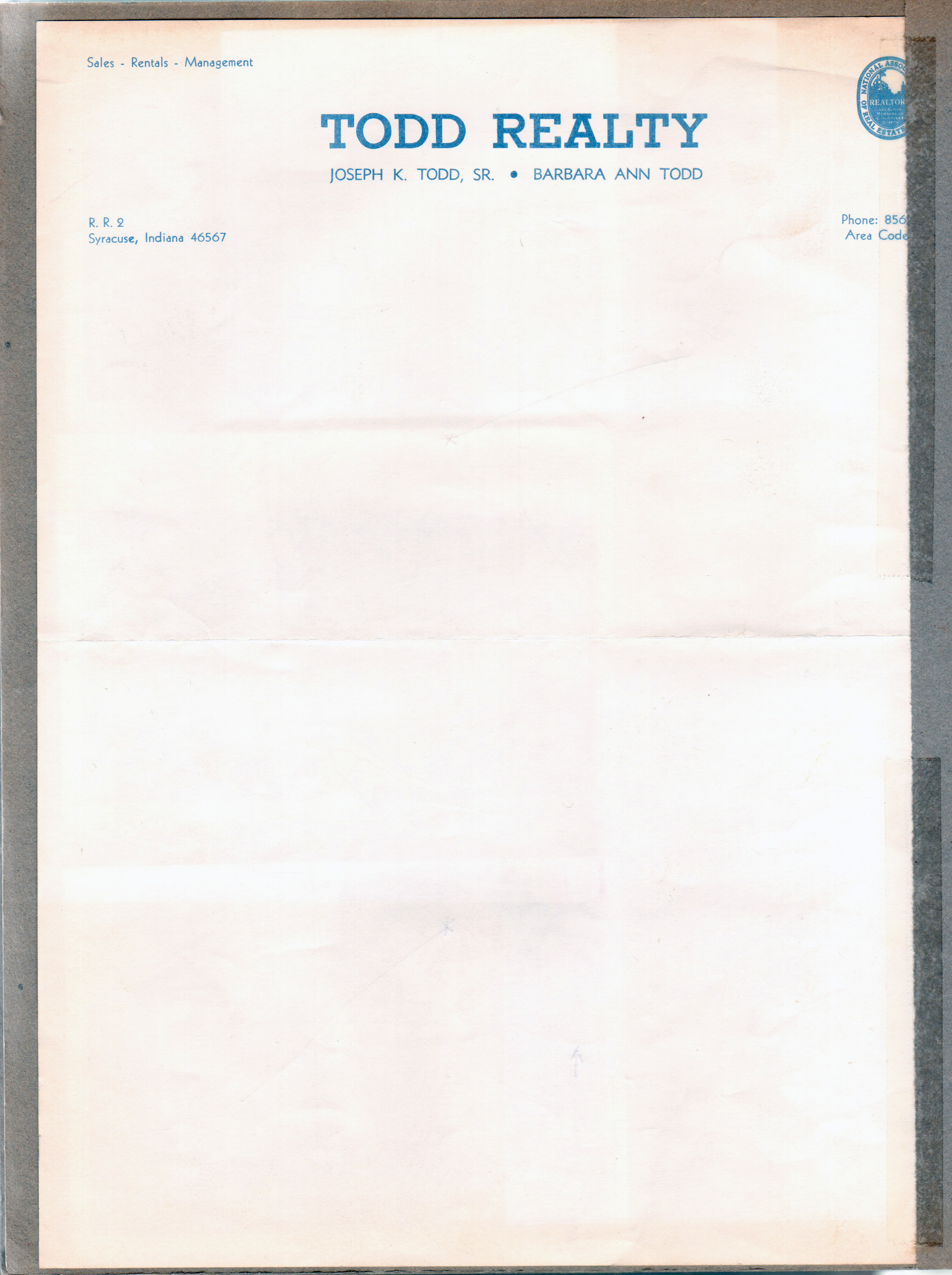 Wawasee Todd Realty letterhead