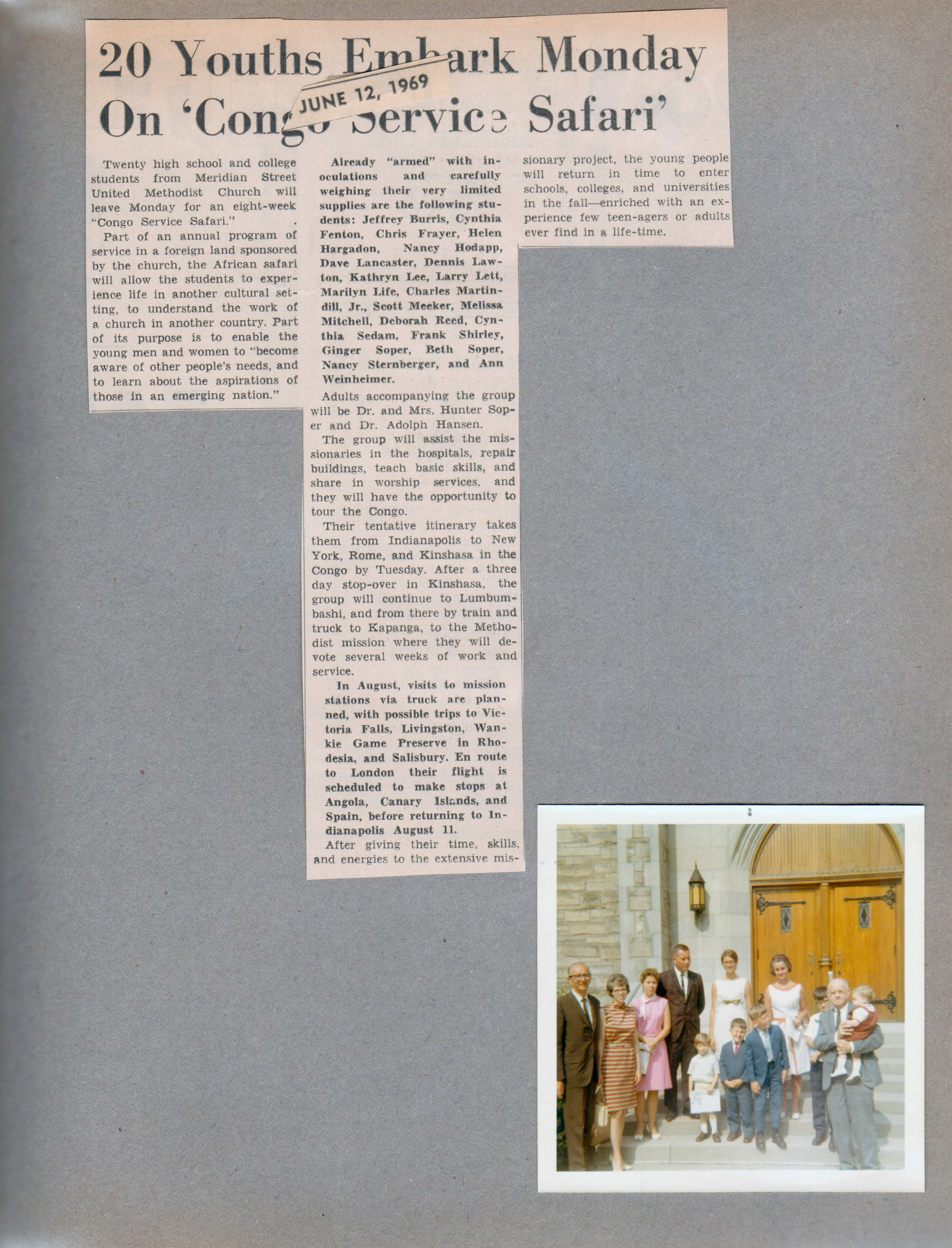 newspaper clipping -  North United Methodist Church youths to Congo. Letsingers at church entrance - Warren's Dave's