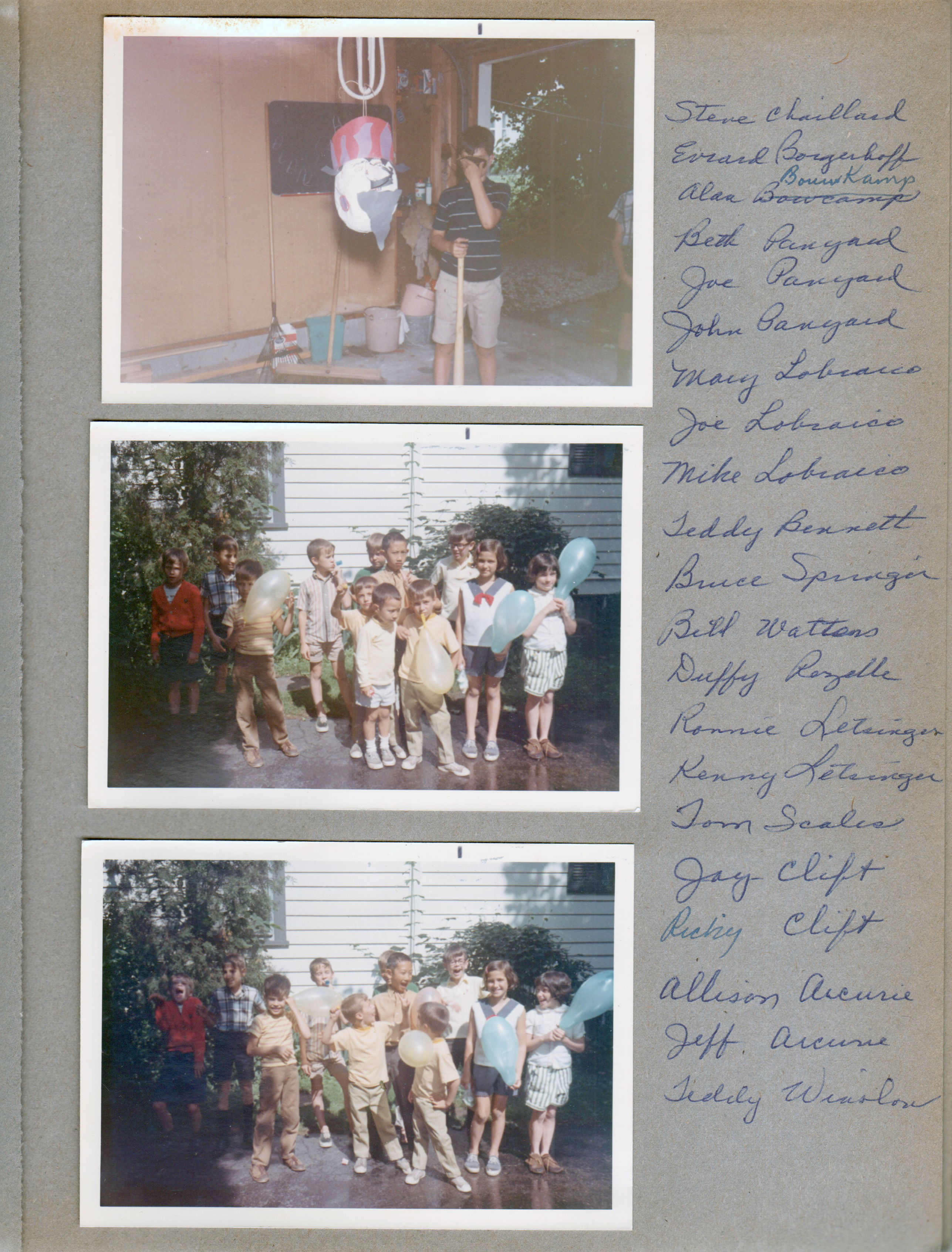 6122 garage - Alan's 9th birthday - Alan and home-made pinata. Driveway - Steve Chaillard, Evrard Borgerhoff, Alan Bouwkamp, Beth, Joe and John Panyard, Mary, Joe and Mike Lobraico. Teddy Bennett, Bruce Springer, Bill Watters, Duffy Rozelle, Ronnie and Kennie Letsinger, Tom Scales, Jay and Ricky Clift, Allison and Jeff Arcuri, Teddy Winslow. (not all in picture)