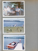 6122 driveway - little car - Mary Lobraico, Beth Panyard, Roger Watson and Alan in car, Ronnie Letsinger. Wawasee - yard, pier and fishing boats taken from roof? Susan and Alan in Chris Craft with Curt on dock.