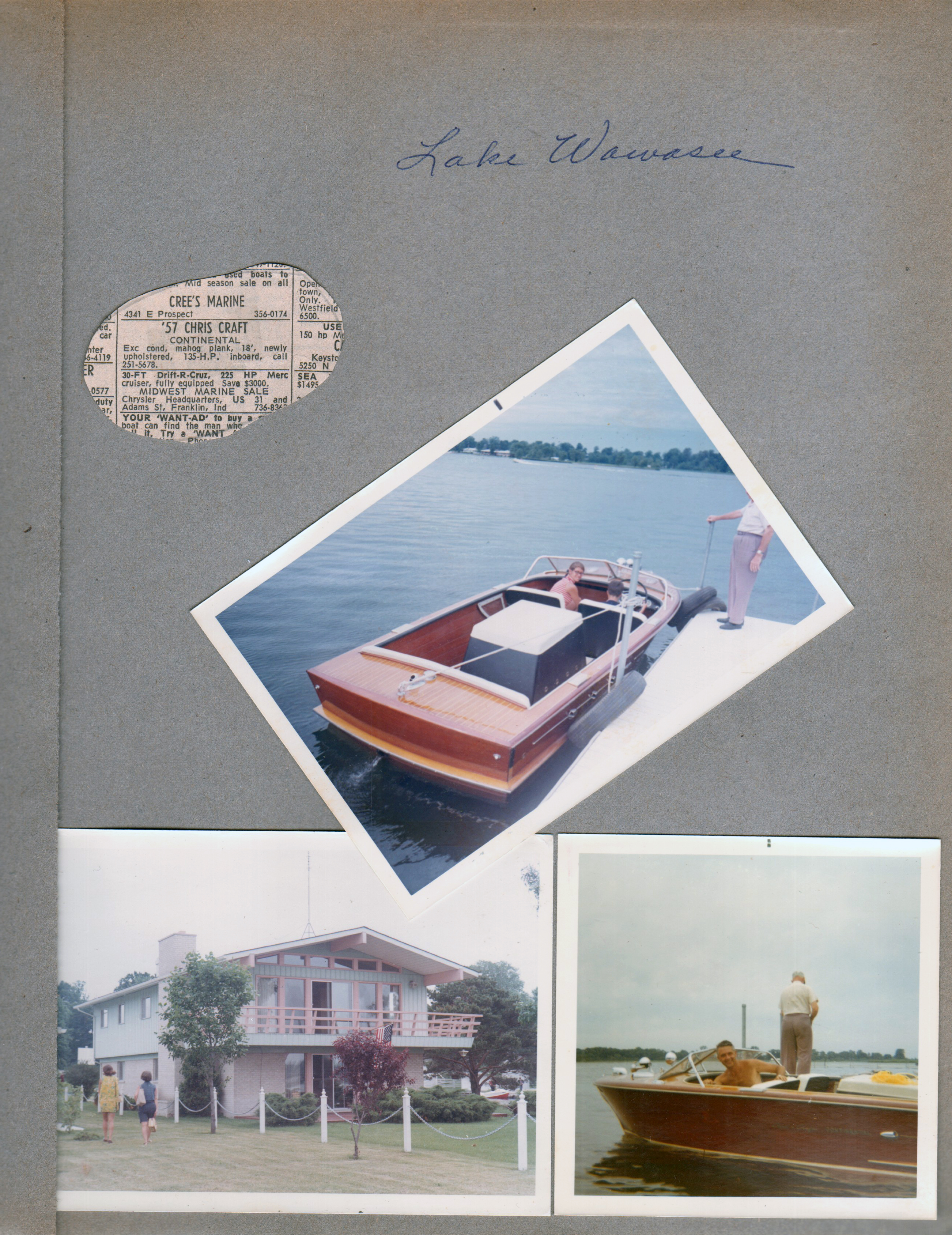Wawasee - Susan and Alan in Chris Craft with Curt on dock. Christ Craft ad. Novi (Novy?) house to the south. John in boat.