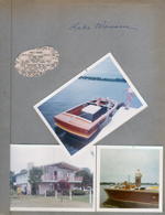 Wawasee - Susan and Alan in Chris Craft with Curt on dock. Christ Craft ad. Novi (Novy?) house to the south. John in boat.