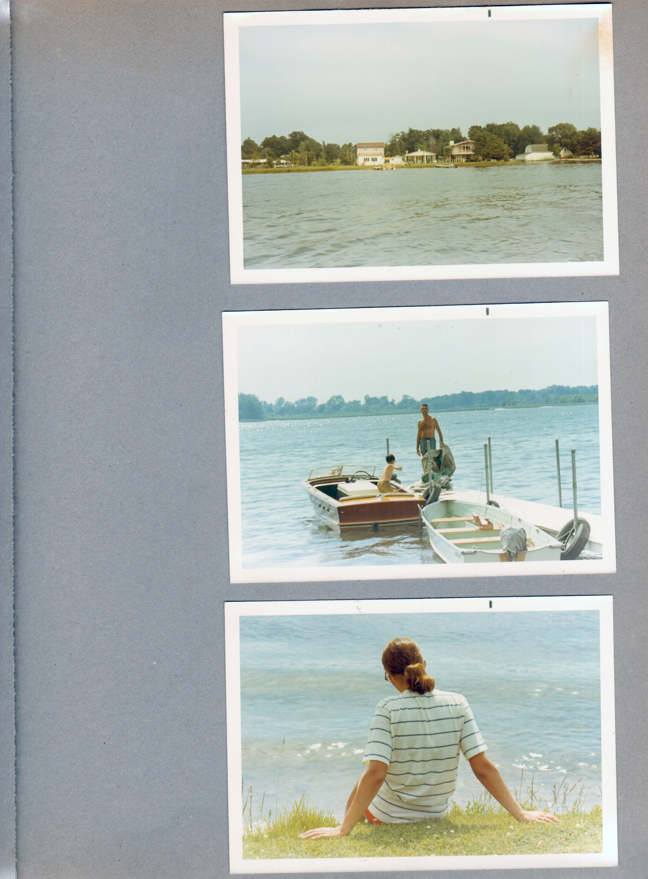 Wawasee - Susan in living room. House from boat. Alan and John on dock. Susan in yard by lake.