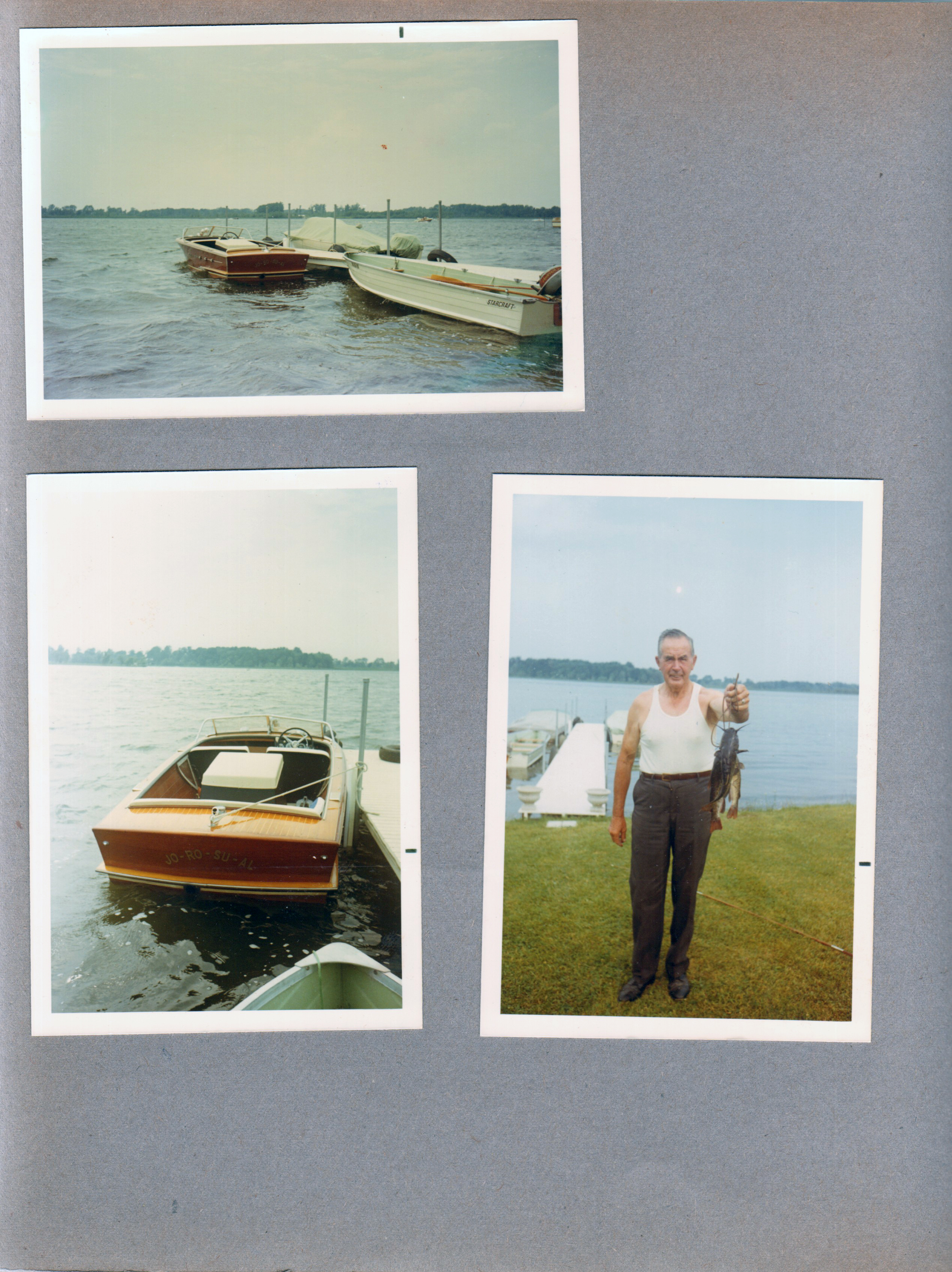 Wawasee - 3 boats at dock. Chris Craft. Girstle with catfish