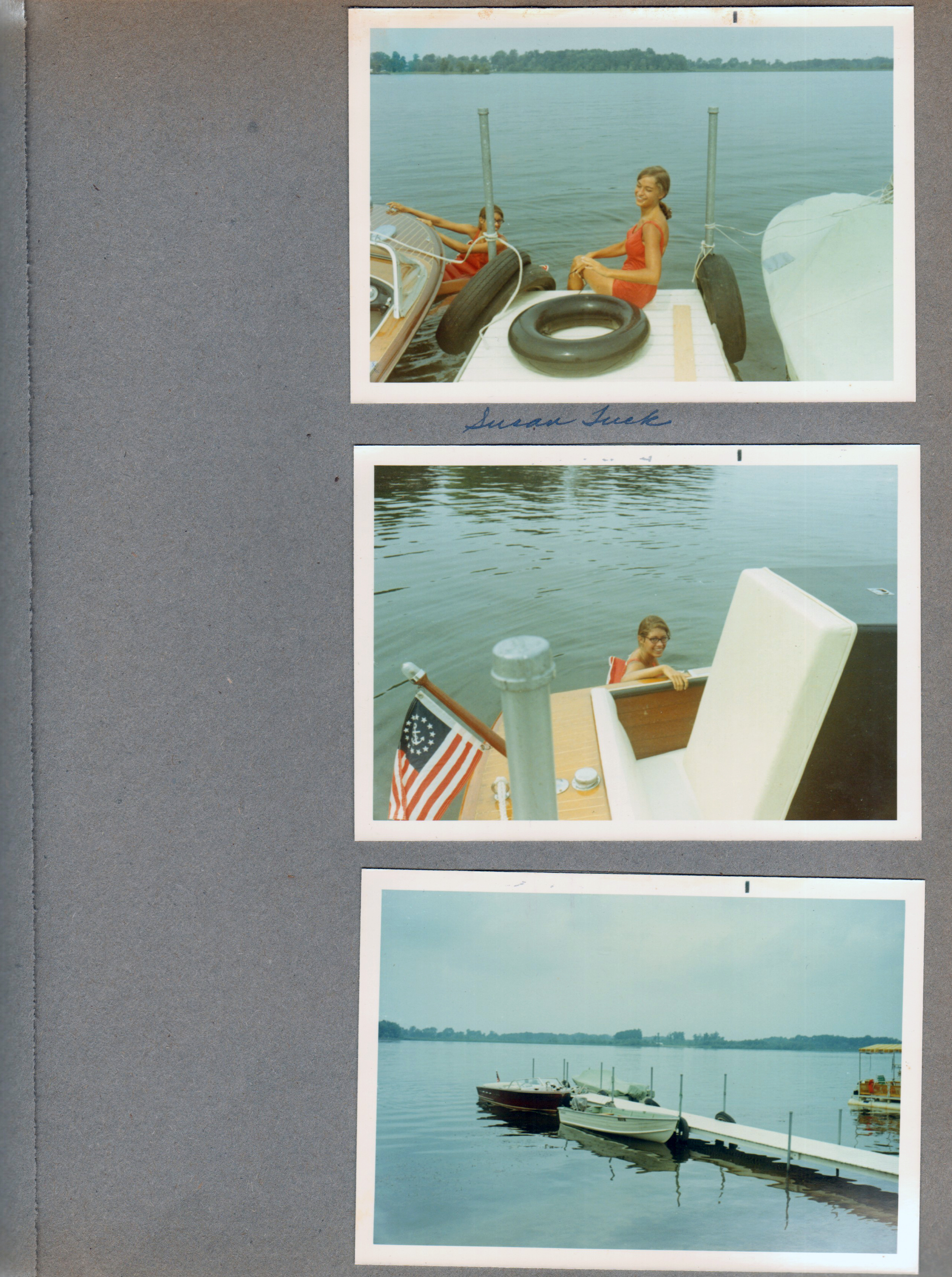 Wawasee - Susan Tuck on pier, Susan in water.  Boats at dock.