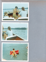 Wawasee - Chris Craft - Susan Tuck, Alan, Susan driving. Alan on raft with toy sailboat.