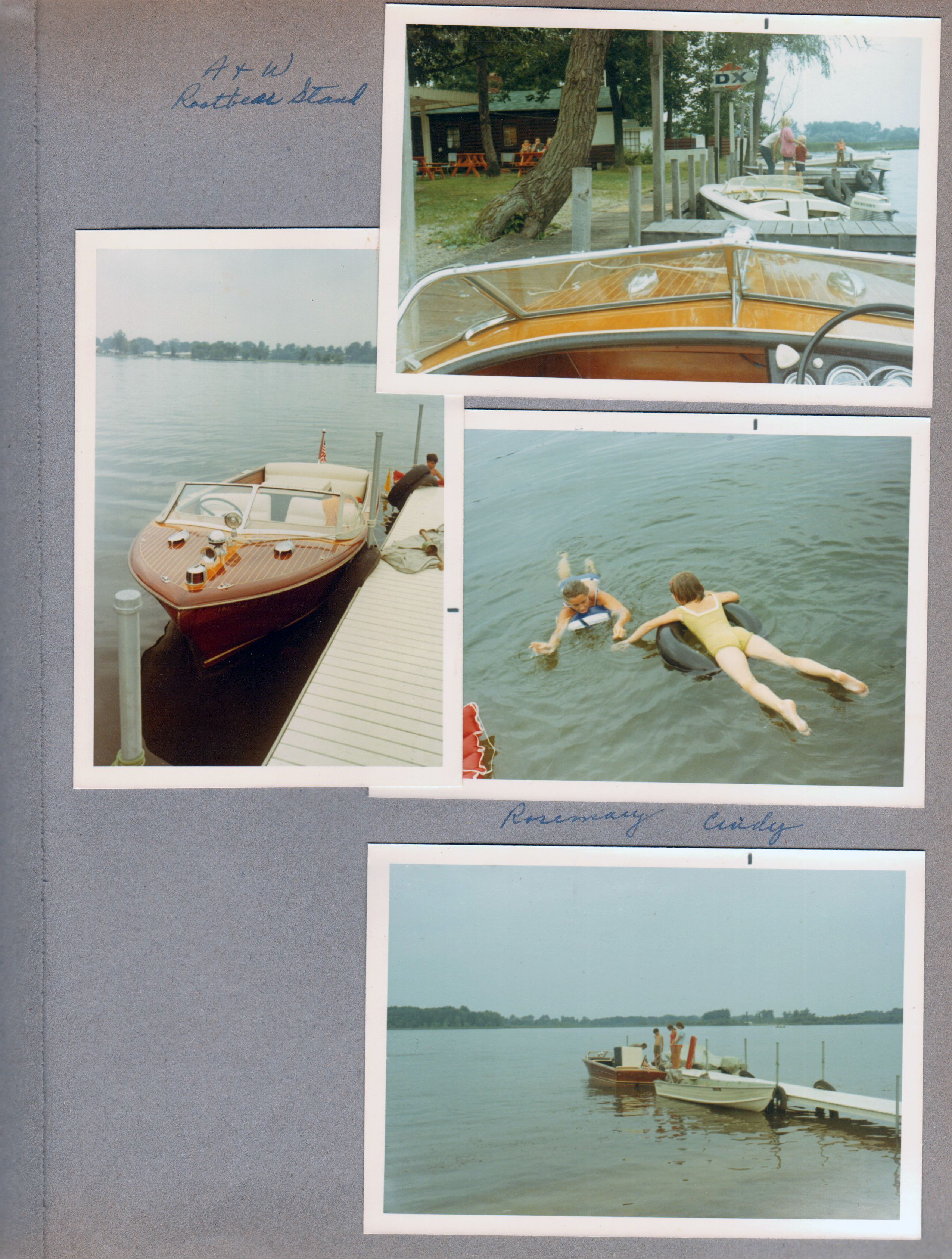 Wawasee - A&W Root Beer stand drive-up in Chris Craft. Rosemary and Cindy Sprague on inner tubes.