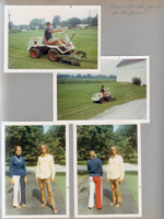 8815 Haverstick yard - Alan on Bolens riding lawnmower. 6122 driveway - Susan Tuck and Susan in mod clothes
