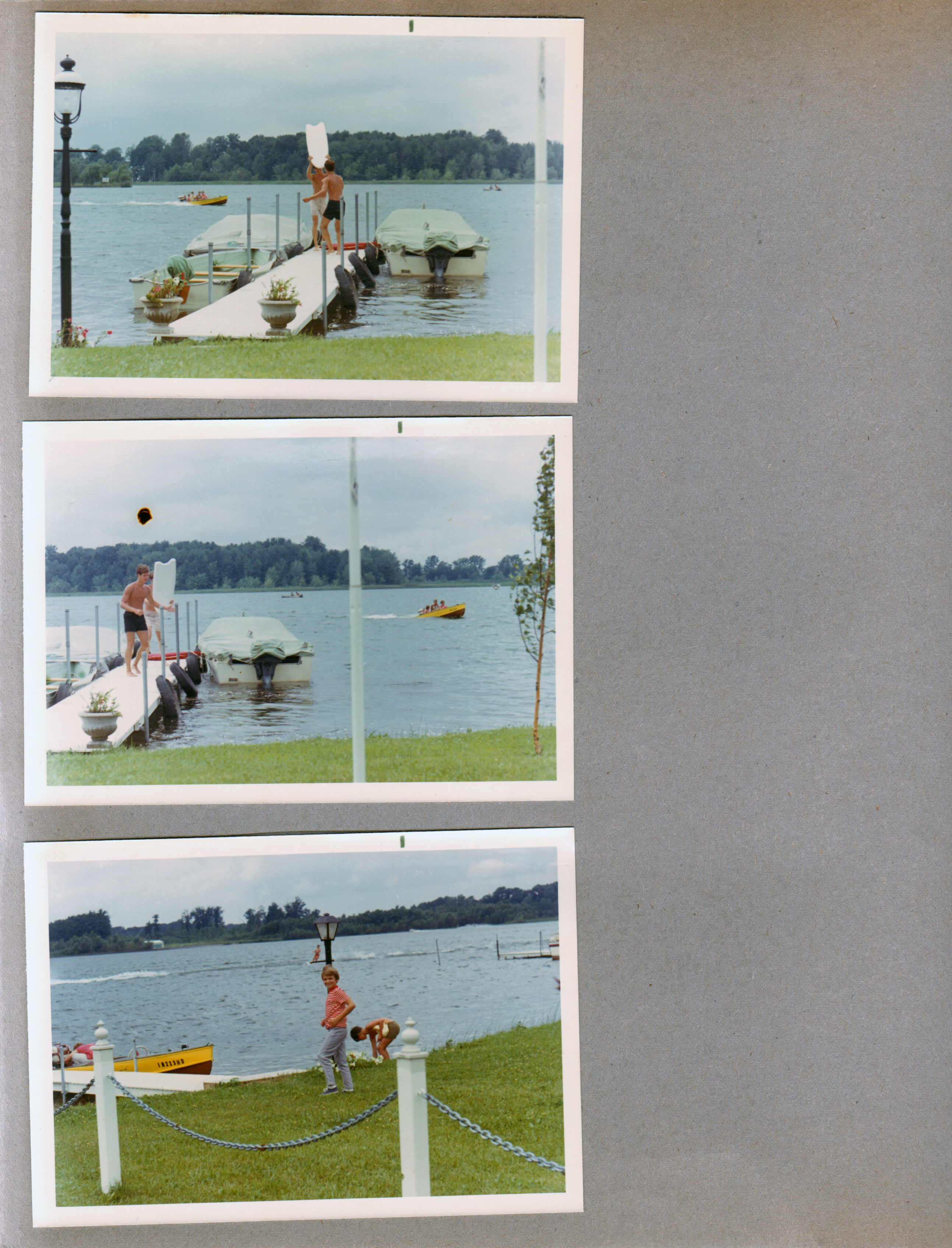 Wawasee - boys on dock. Cindy and Alan in Sprague yard