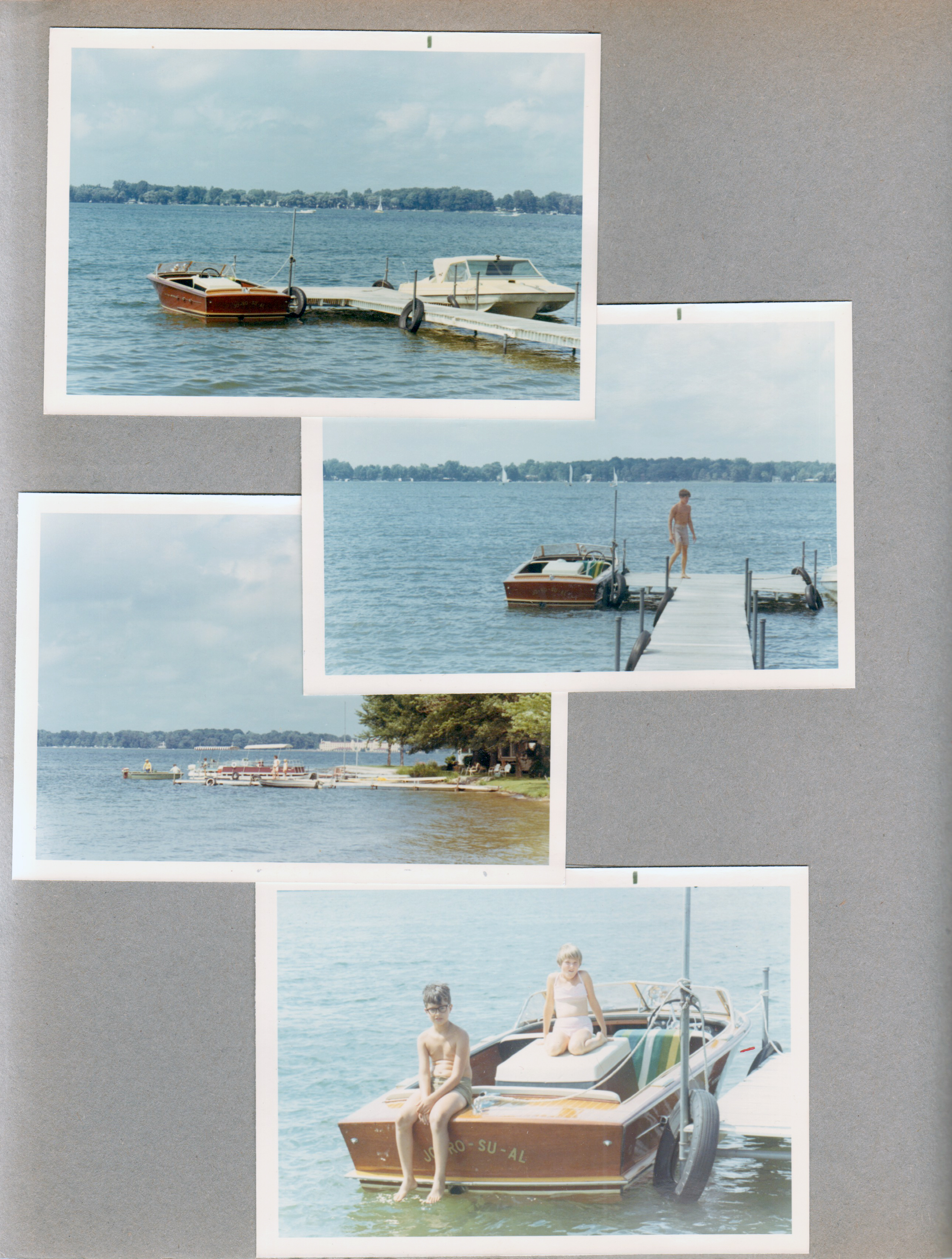 Wawasee - Chris Craft and Glen's boat at dock. Cindy and Alan in boat.